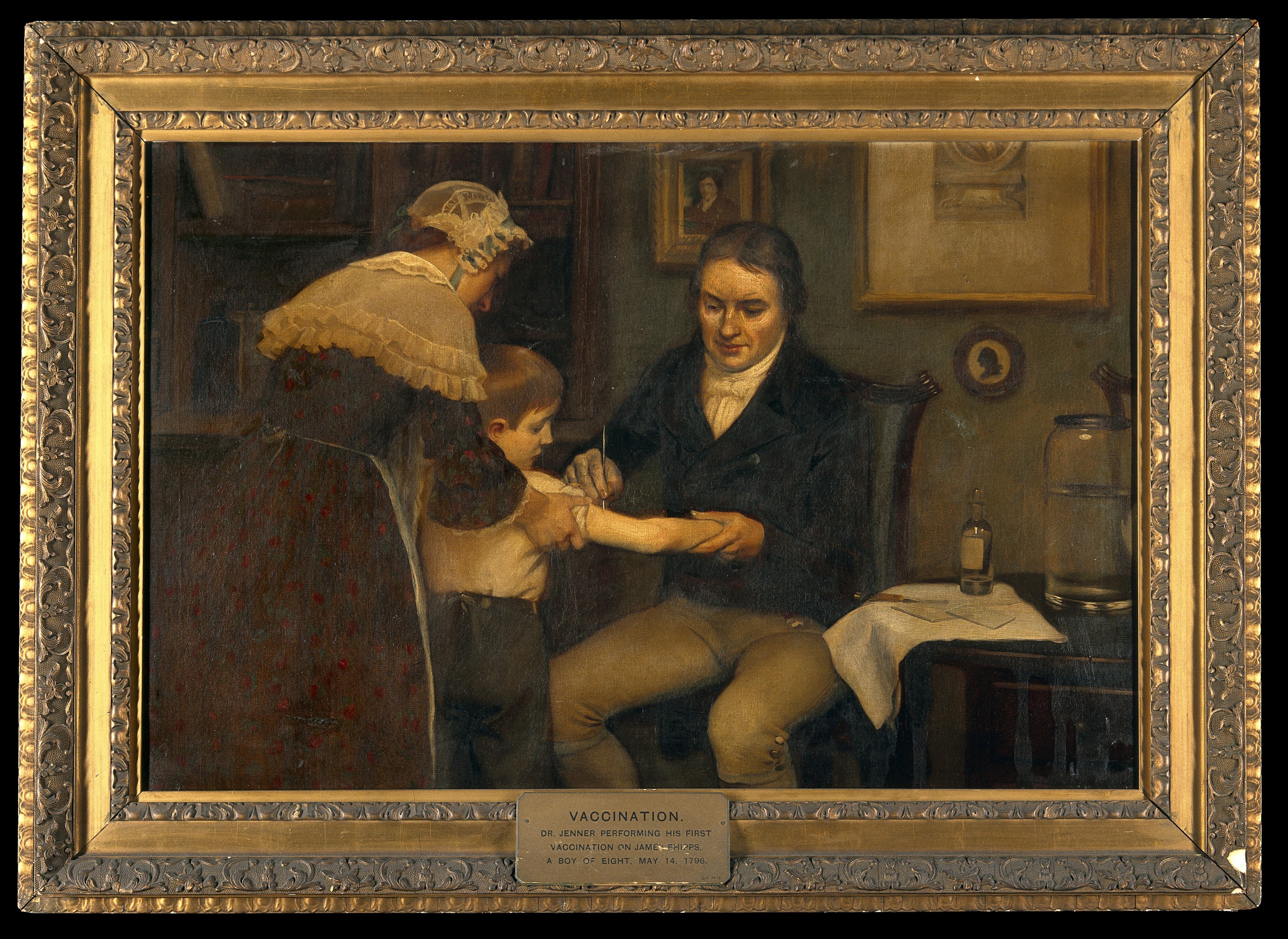 Dr Jenner performing his first vaccination, on James Phipps, a boy of 8, May 14 1796.