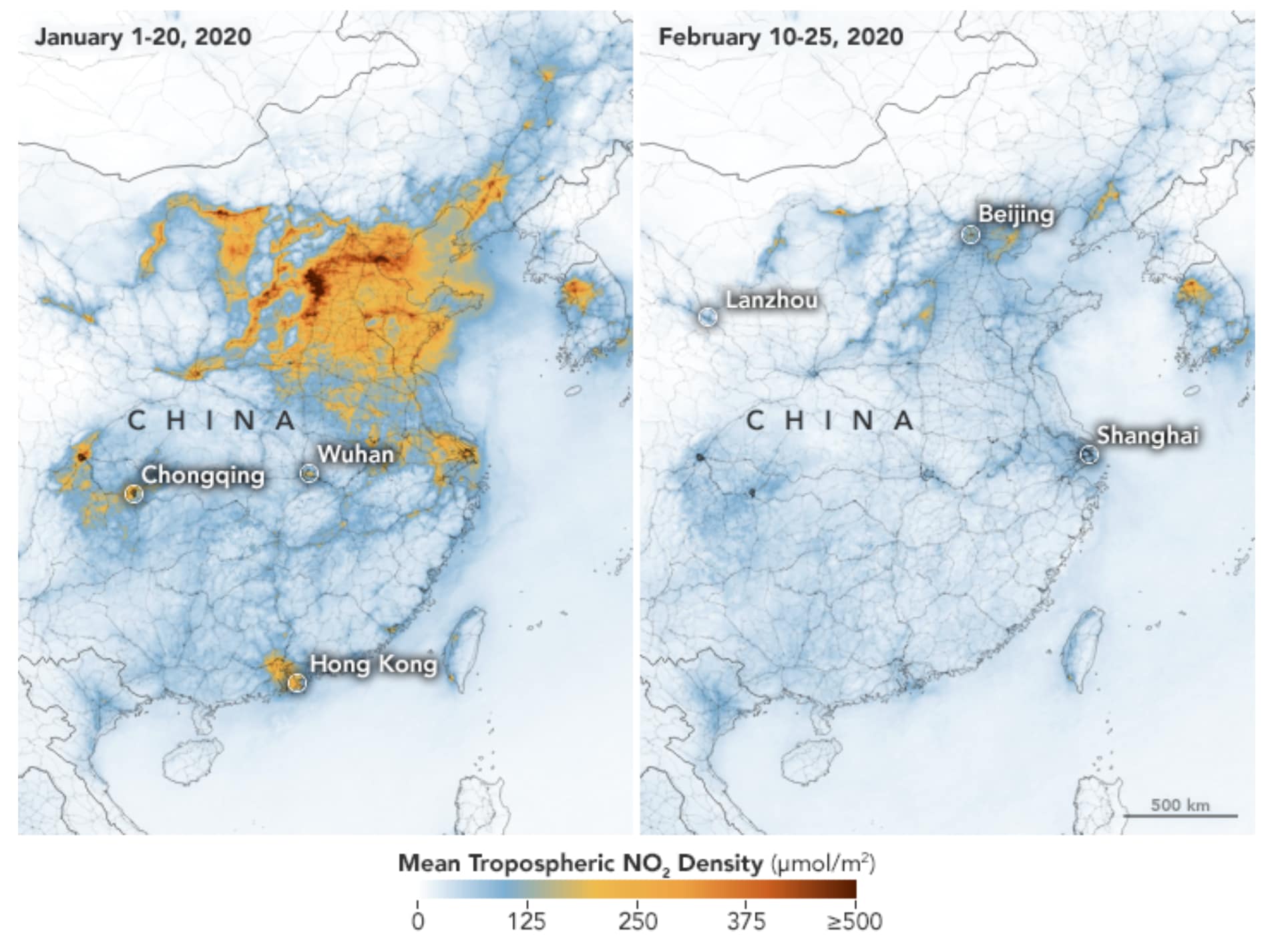 Satellites detected significant decreases in nitrogen dioxide over China during the lockdown