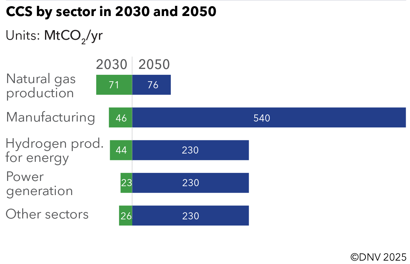 Carbon capture and storage in 2030 and 2050.