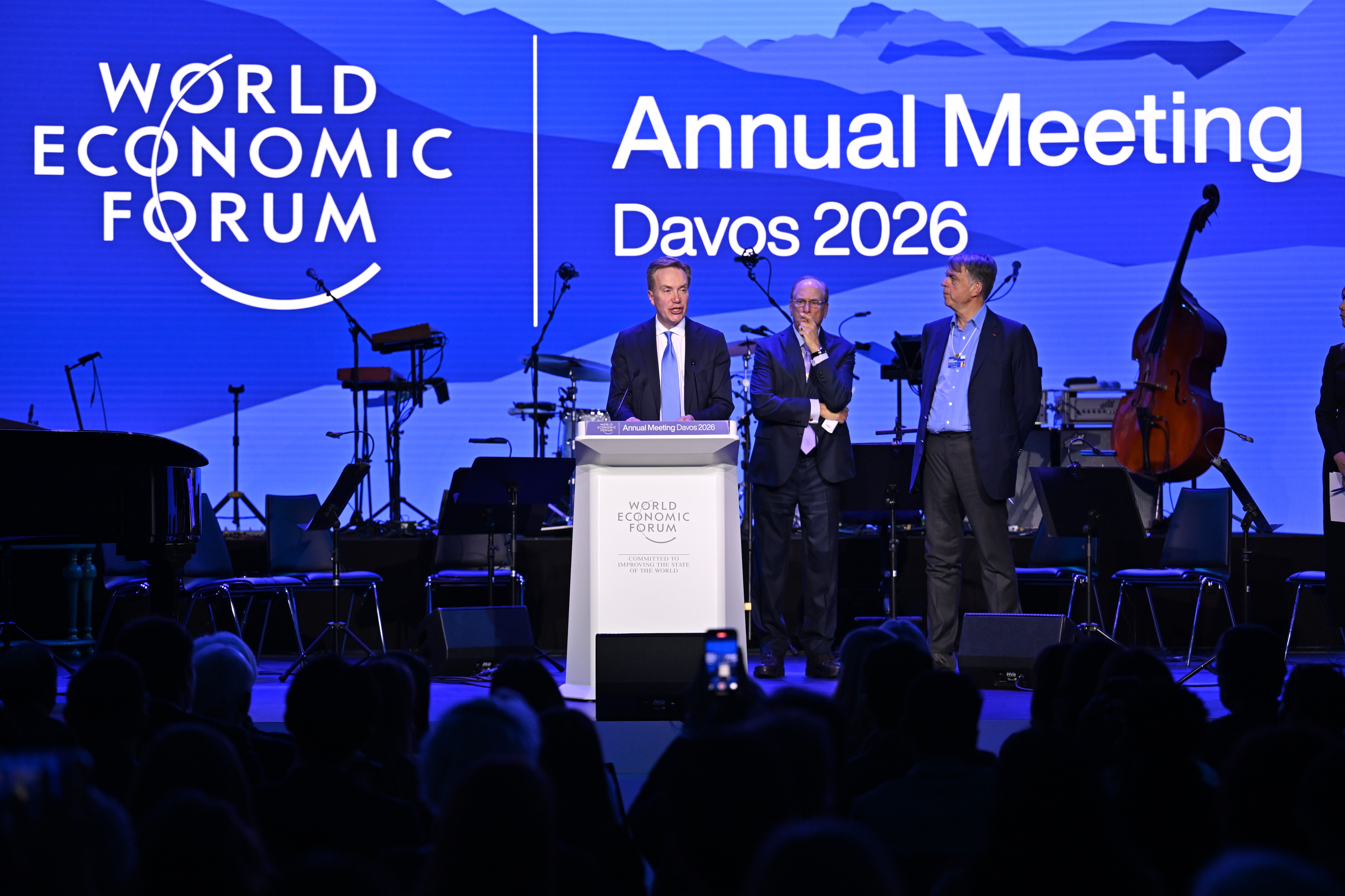 Opening Concert session with Jon Batiste, Musician and Composer, Naht Jona LLC,; Renaud CapuÃ§on, Violonist, France; at the World Economic Forum Annual Meeting 2026 in Davos-Klosters, Switzerland, on 19/1/2026 from 18:00 to 19:00 in the Congress Centre â Congress Hall (Zone C), Concert. (opening concert 2026). Â©2026 World Economic Forum Copyright: World Economic Forum/Harold Cunningham