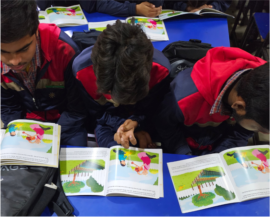 Students of Diksha School, Gurugram, reading a financial literacy storybook