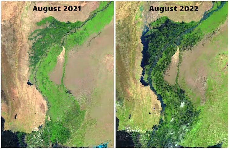 Landsat satellite images showing a side-by-side comparison of southern Pakistan in August 2021 (one year before the floods) and August 2022 (right)