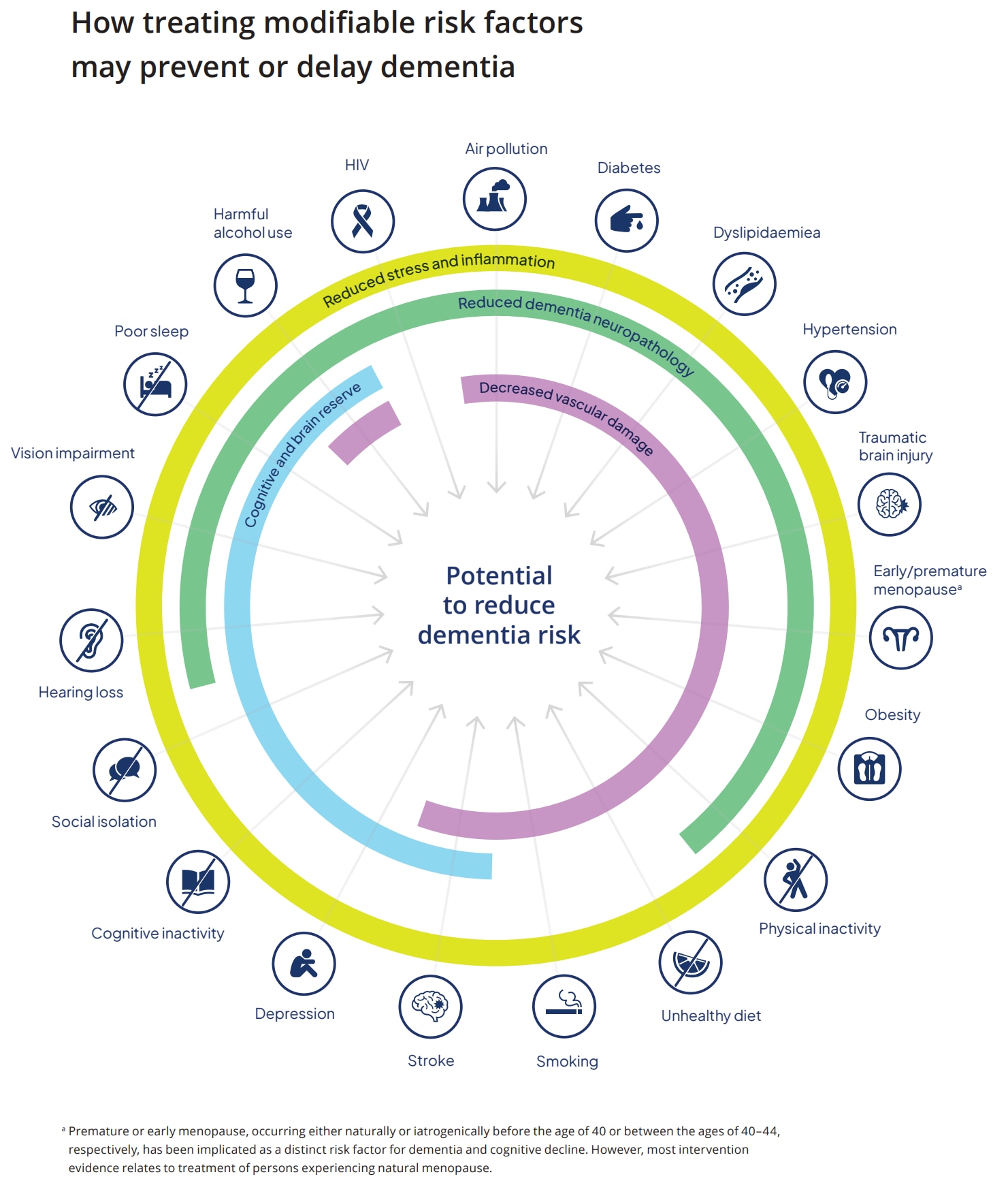 A graphic exploring how treating modifiable risk factors may prevent or delay dementia.