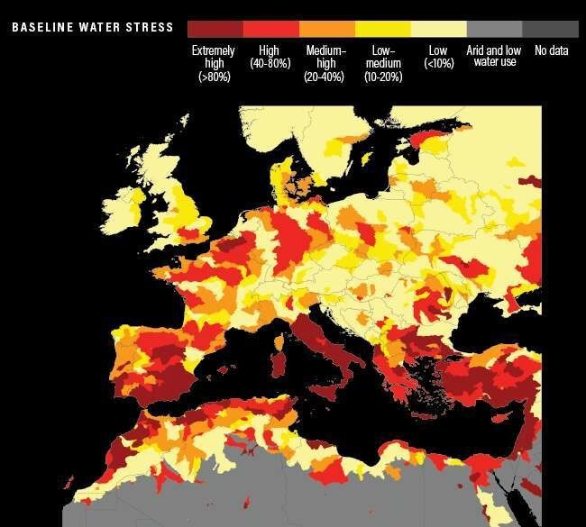 Cette carte montre l’état de la pénurie hydrique en Europe et au nord de l’Afrique.