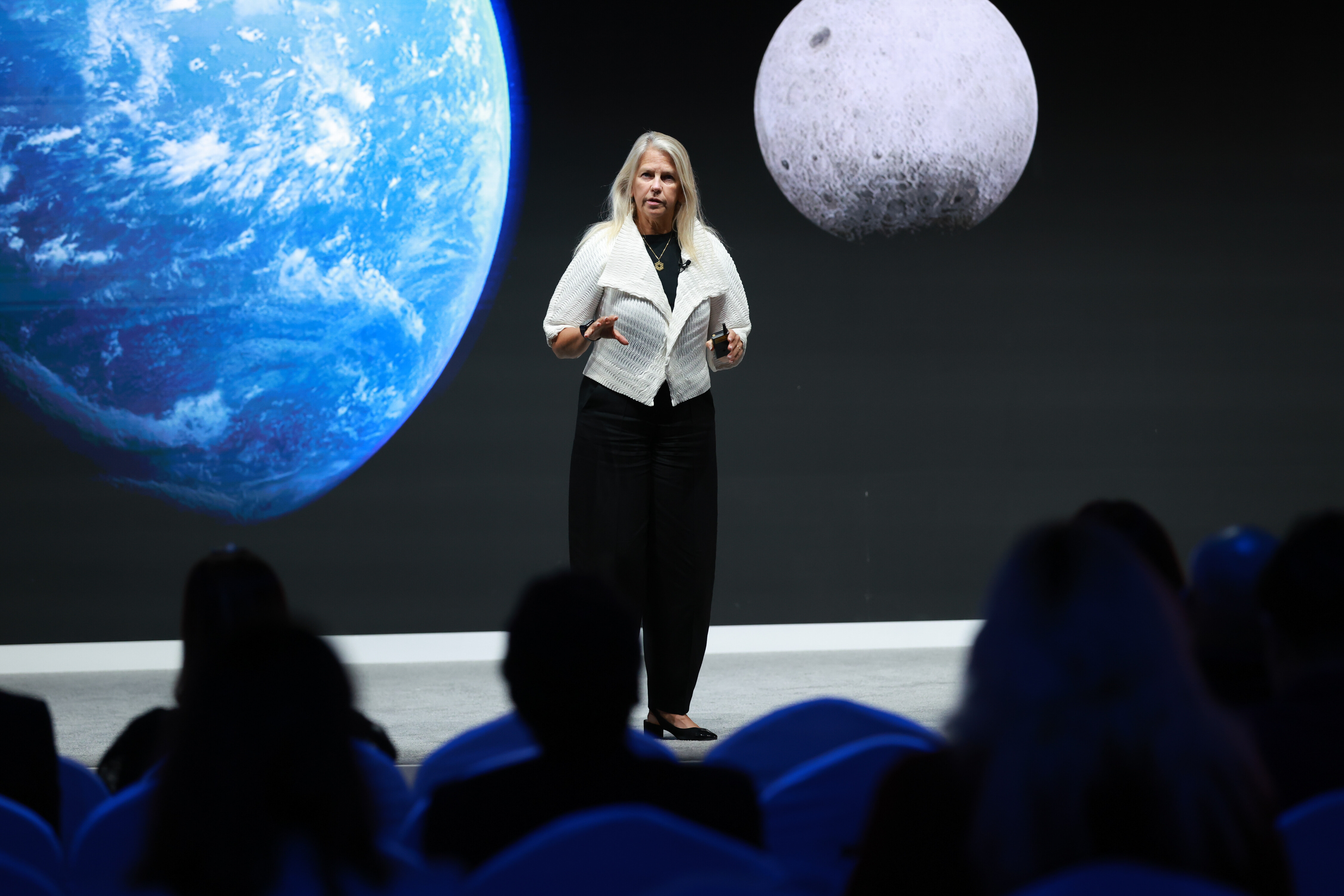 Dava Newman, Apollo Program Professor of Astronautics, Massachusetts Institute of Technology (MIT), USA; Steven Freeland, Emeritus Professor of International Law, Western Sydney University, Australia; Temidayo Oniosun, Managing Director, Space in Africa, Nigeria; speaking in Betazone: What Space Can Teach Us session at the Annual Meetings of the Global Future Councils and Cybersecurity 2025 in Dubai, United Arab Emirates, 15/10/2025, 17:45 â 18:15, 16 - Madinat Jumeirah Conference Centre. Plenary Hall. Copyright: World Economic Forum / Deepu Das