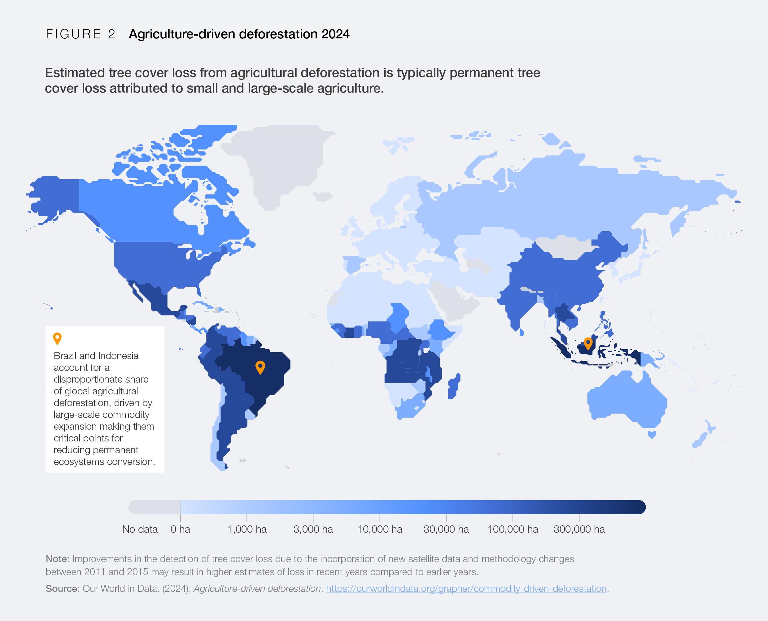 Map of the world showing agriculture-driven deforestation in 2024.