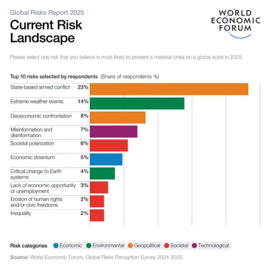 Charts showing the risks that are likely to present a material crisis on a global scale in 2025.