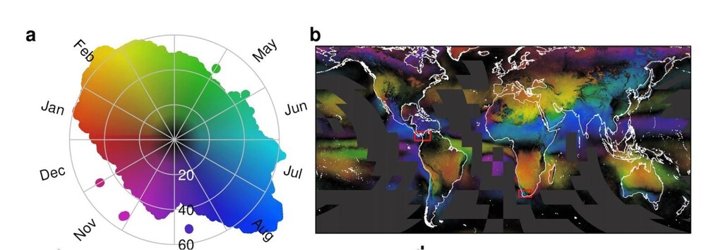 A. Color key illustrating the distribution of global cloud seasonality and concentration. The hue indicates the month of peak cloudiness, while the saturation and value indicate the magnitude of the concentration ranging from 0 (black, all months are equally cloudy) to 100 (all clouds are observed in a single month). B. Global distribution of seasonal cloud concentration. Coastlines are shown in white, and areas with no data are dark gray.