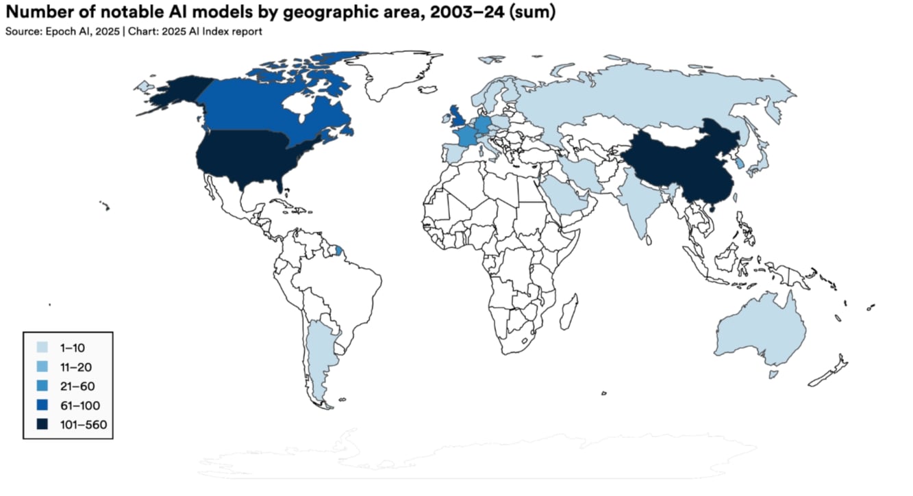 Map showing number of notable AI models by geographic area