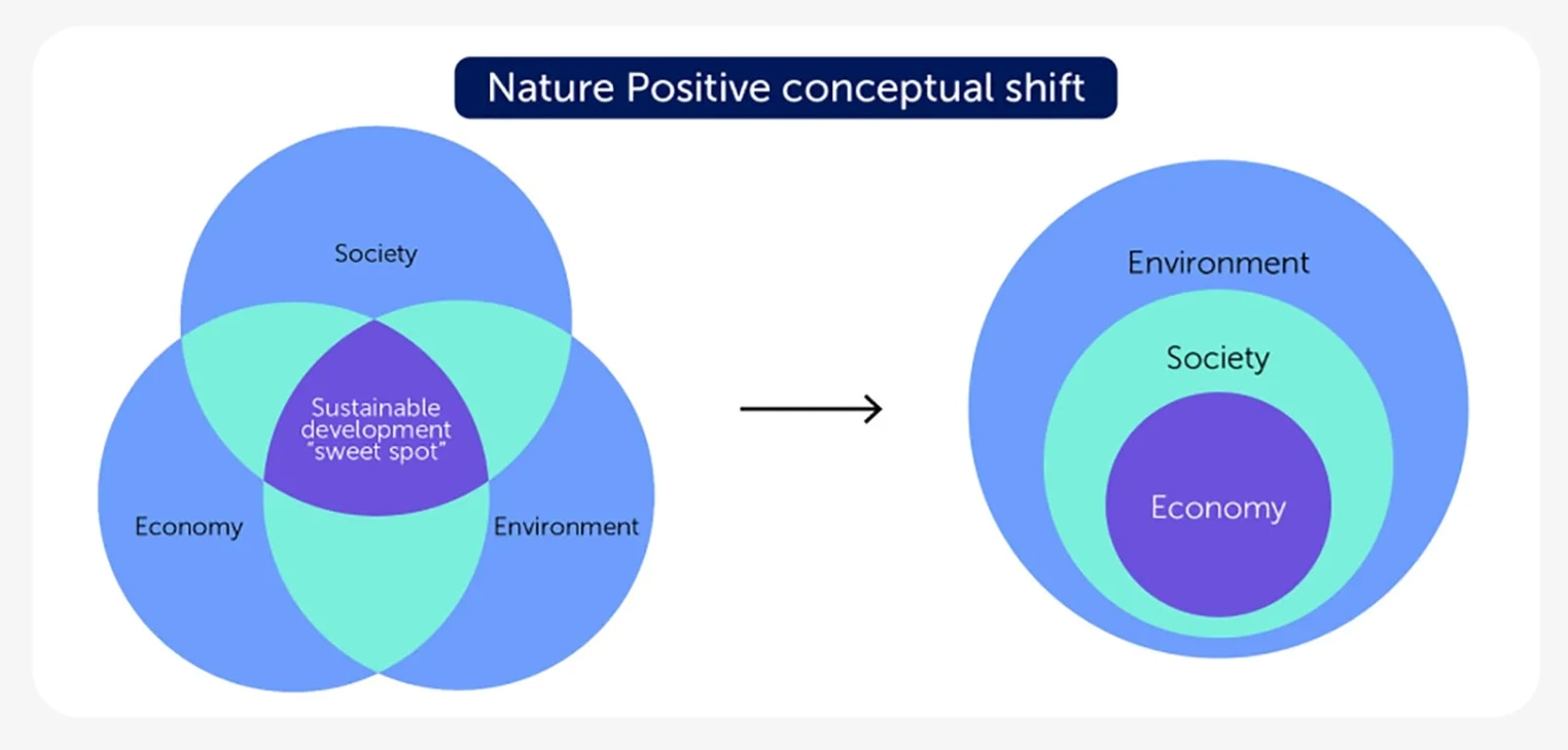 The Nature Positive conceptual shift realigns the Sustainable Development Goals, moving from the search for the “sweet spot” of overlap between environment, society and economy (left) to a hierarchical relationship in which the environment is recognized as the context for all aspects of human existence and the economy is understood as a subset of society (right).