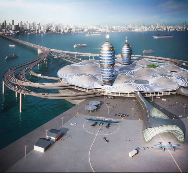 Vue d'artiste du projet de port spatial de l'Association Space Port Japan.