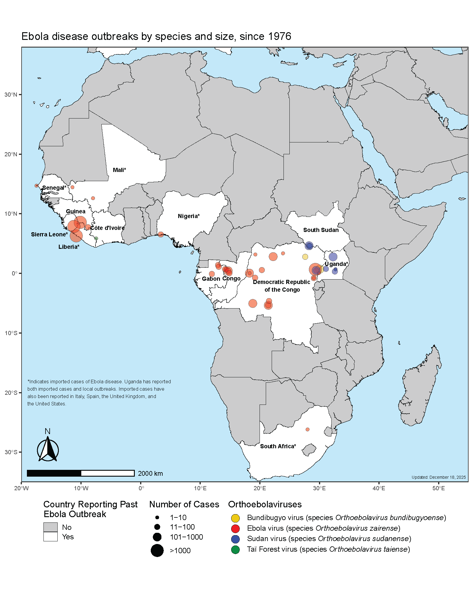 Map of Ebola outbreaks by species and size, since 1976.