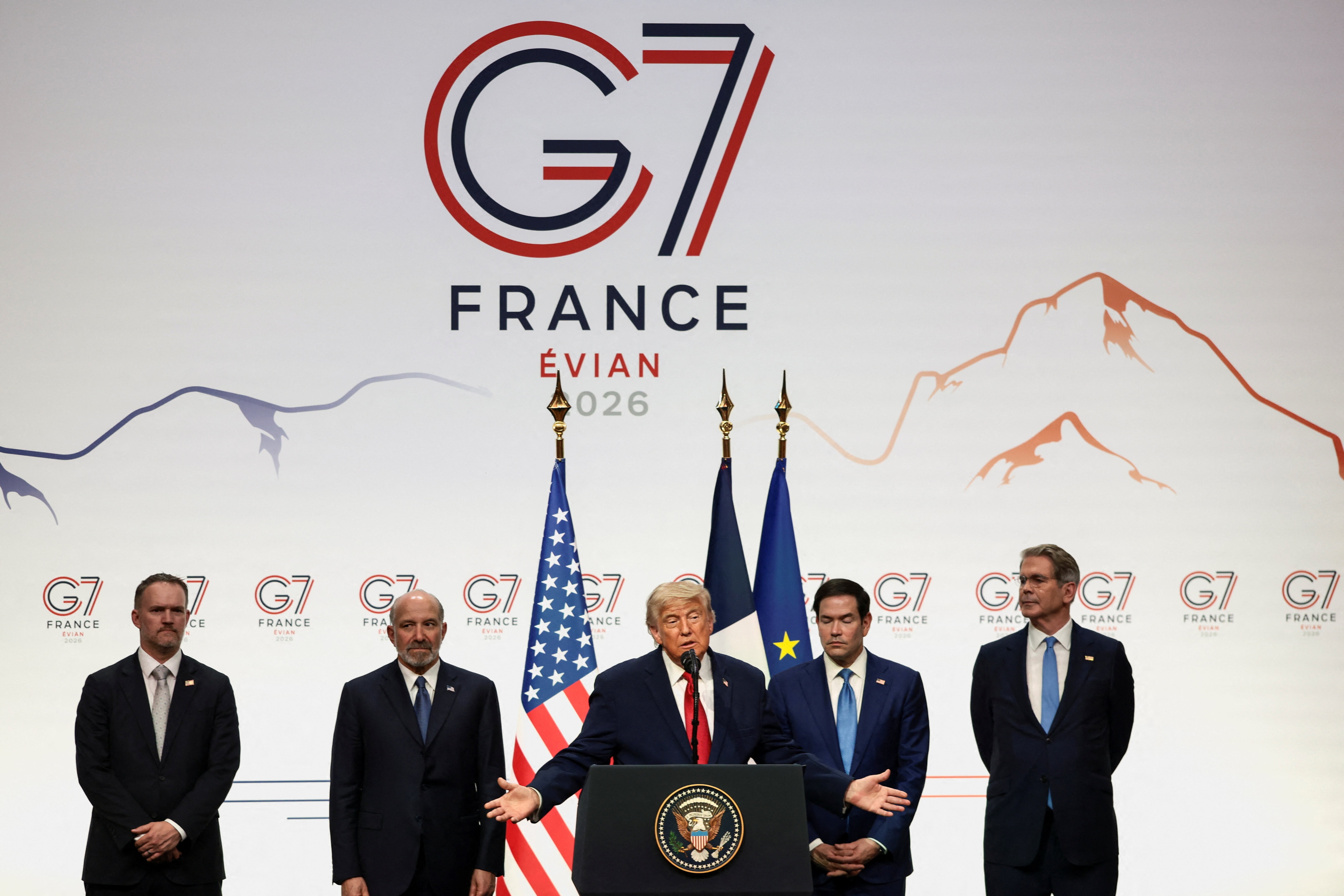 US President Donald Trump, flanked by Treasury Secretary Scott Bessent, Secretary of State Marco Rubio, Commerce Secretary Howard Lutnick and Trade Representative Jamieson Greer, speaks during a press conference, during the G7 Summit in Evian-les-Bains, France, June 17, 2026