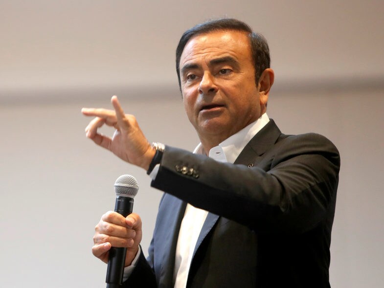 FILE PHOTO: Carlos Ghosn, chairman and CEO of the Renault-Nissan-Mitsubishi Alliance, responds to a question on the alliance's new venture capital fund during roundtable with journalists at the 2018 CES in Las Vegas, Nevada, U.S. January 9, 2018. REUTERS/Steve Marcus/File Photo