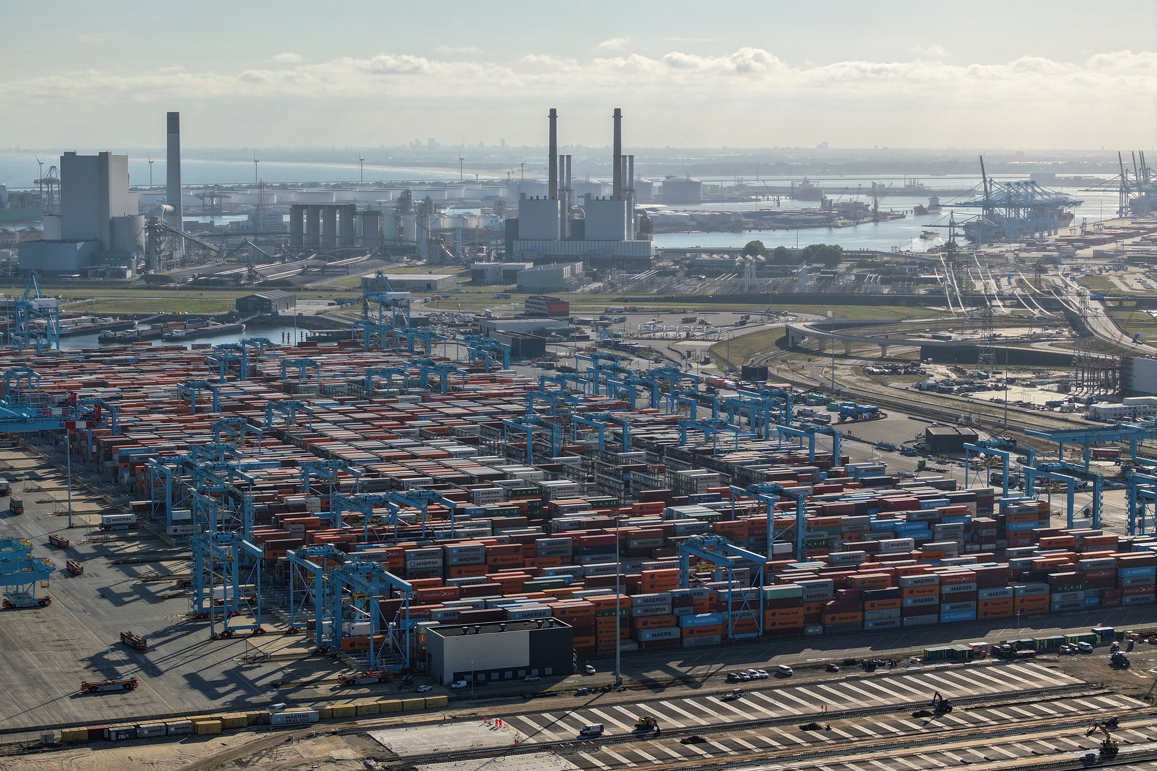 A drone view shows the port of Rotterdam in Rotterdam, Netherlands, July 9, 2025