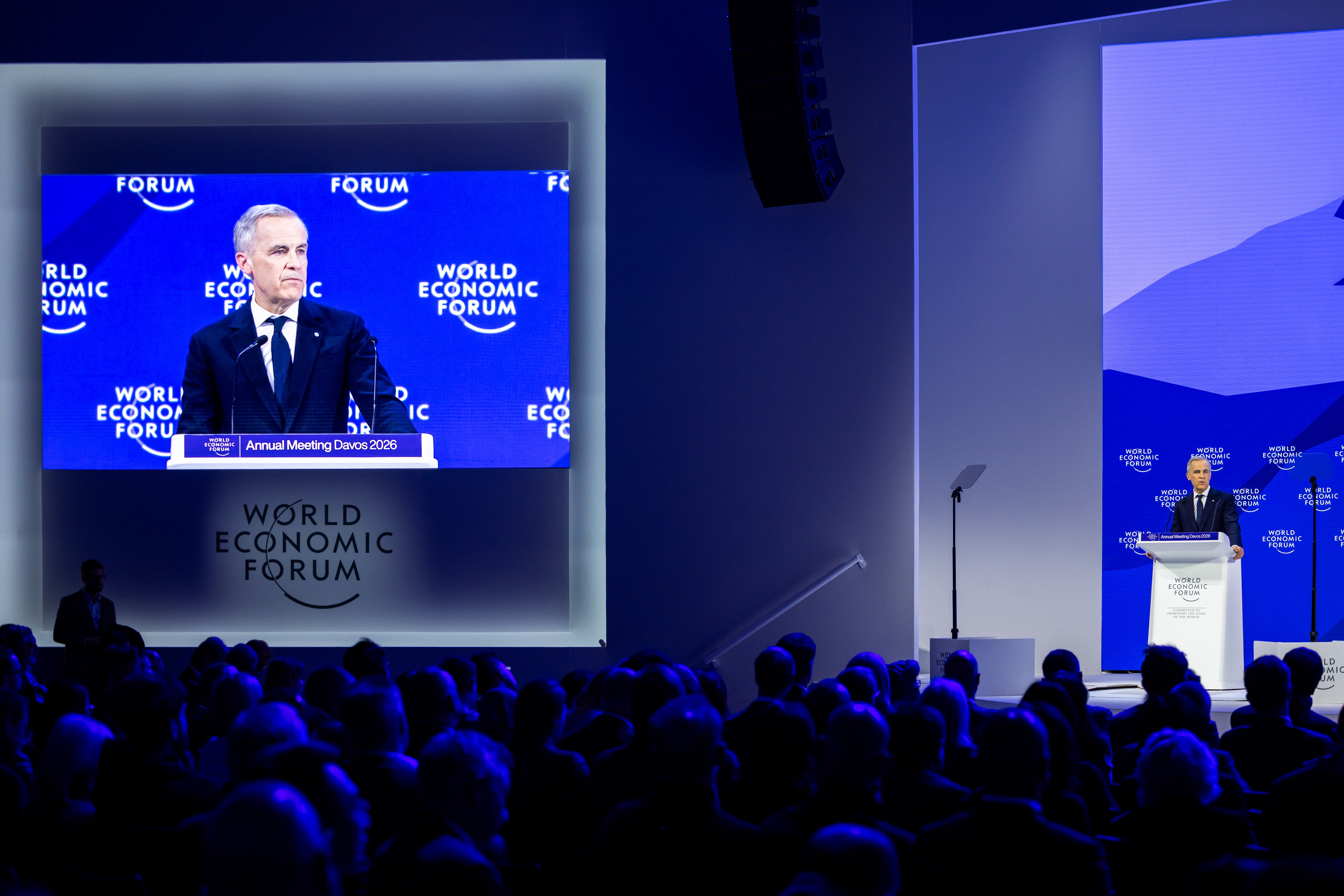 Special Address by Mark Carney, Prime Minister of Canada session with Mark Carney, Prime Minister of Canada; at the World Economic Forum Annual Meeting 2026 in Davos-Klosters, Switzerland, on 20/1/2026 from 16:30 to 17:00 in the Congress Centre â Congress Hall (Zone C), Plenary. (special address/canada). Â©2026 World Economic Forum / Ciaran McCrickard.
