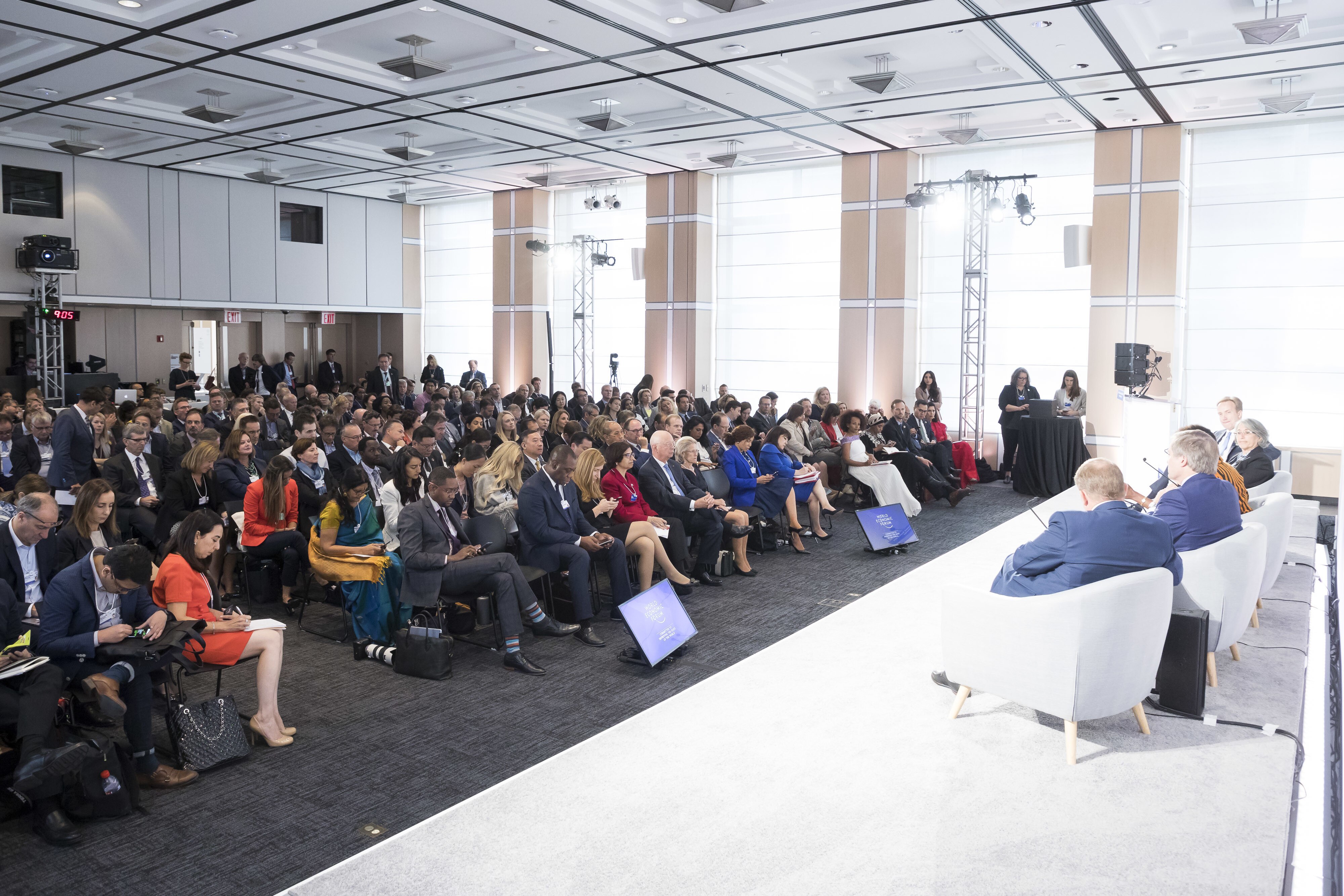 Borge Brende, Barbara Novick, Winnie Byanyima, David W. MacLennan and Lars Lokke Rasmussen speaks at Building Sustainable Markets at The World Economic Forum holds the Sustainable Development Impact Summit 2018 in New York, NY USA.   