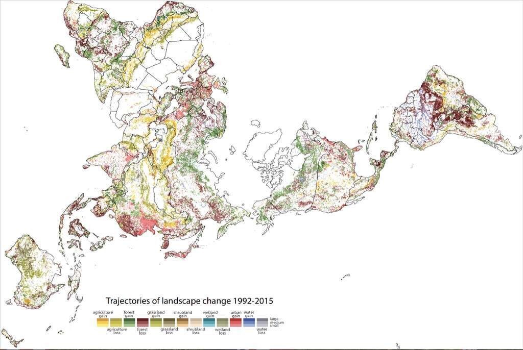 Sur cette carte établie par les géographes de l’université de Cincinnati (États-Unis), les changements de paysage intervenus entre 1992 et 2015. En blanc, les régions avec peu de changement. En plus foncé, celles ayant connu les changements les plus importants.
