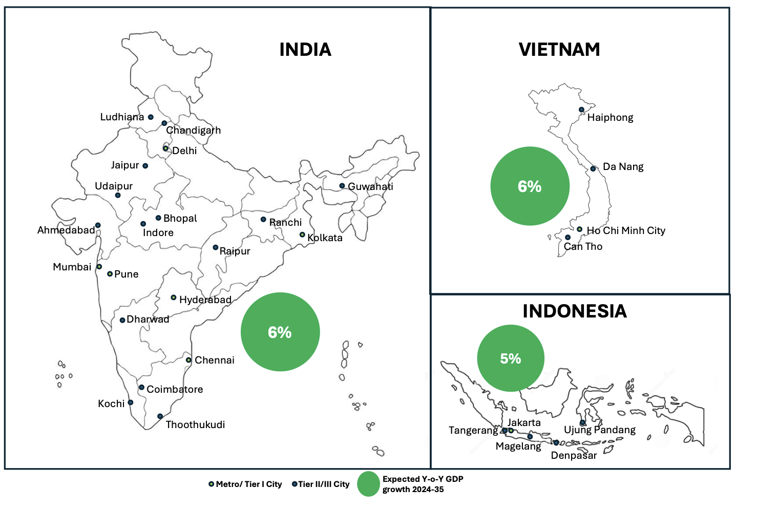 Major Asia-Pacific Economies' Expected Y-o-Y (2024-35) GDP Growth Rates and Key Cities. The maps are indicative and not to scale and the locations of cities are representative only. The size of expected average GDP from 2024-35 is also indicative.