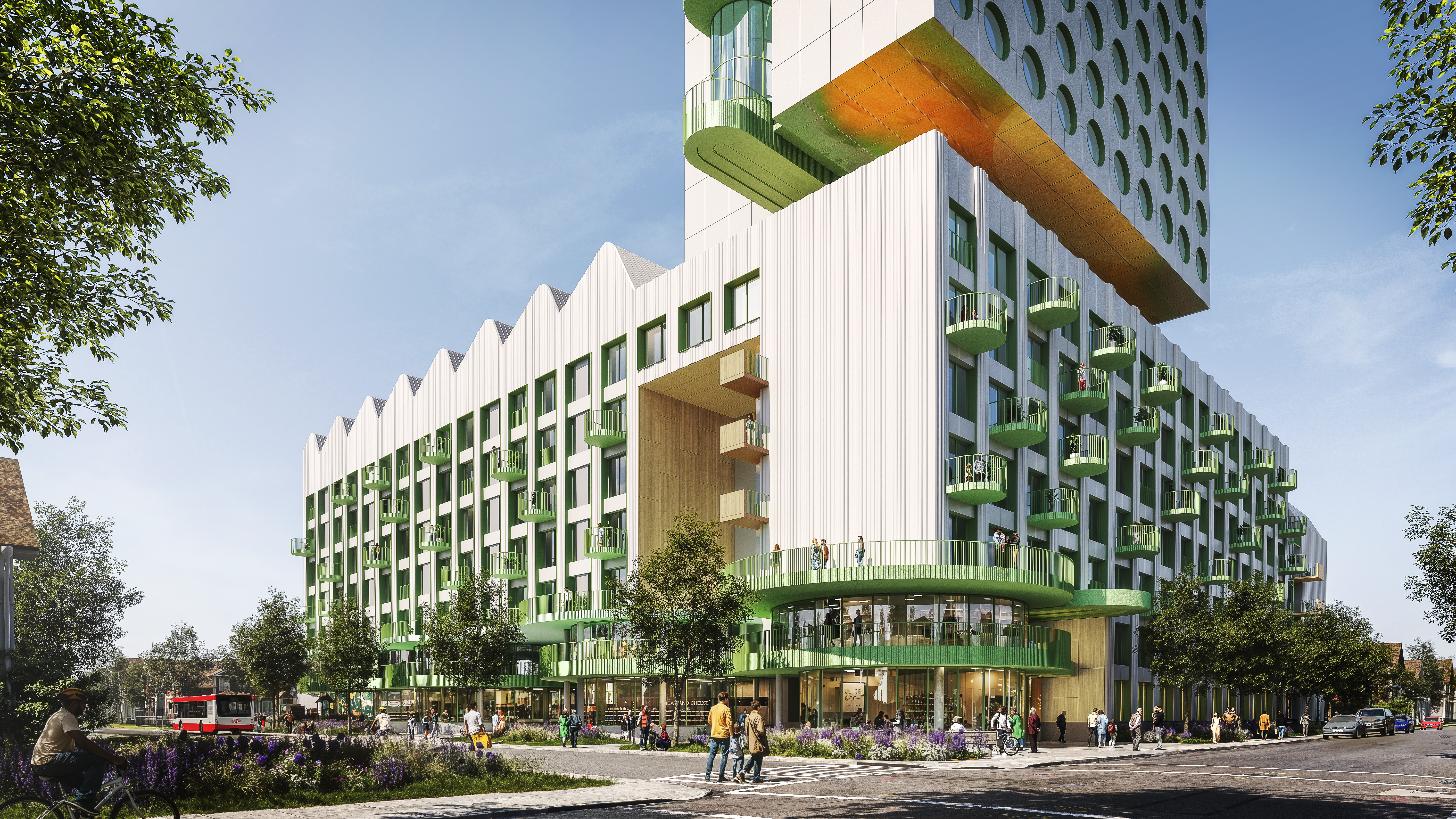 Esta comunidad inclusiva y multigeneracional utiliza madera maciza y componentes prefabricados para crear módulos estandarizados que se adaptan a los diferentes tipos de hogares y a sus necesidades cambiantes.