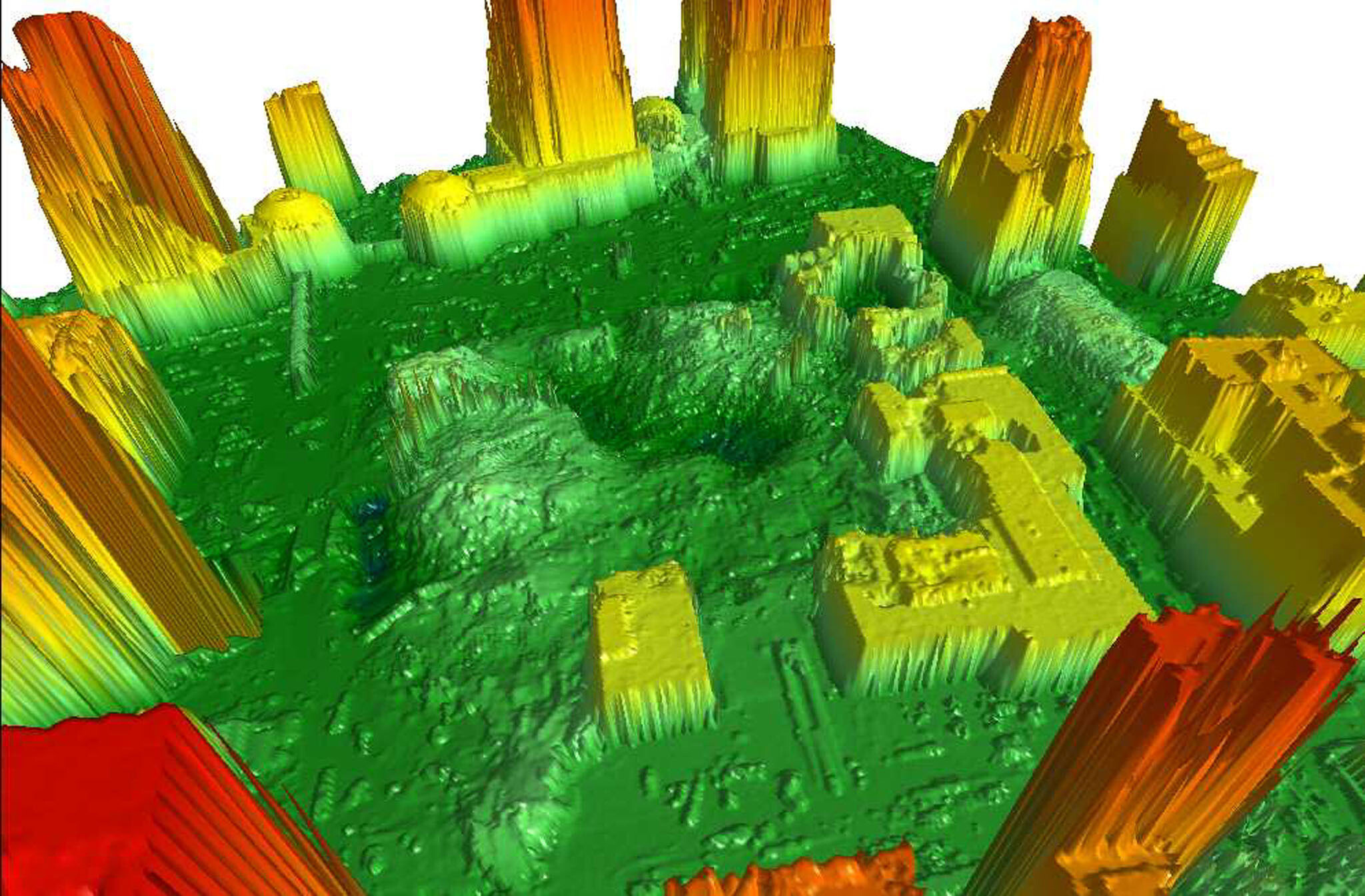 A Digital Surface Model created by the LIDAR (Light Detection and Ranging) system which provides very accurate 3-dimensional positioning of the remains of the World Trade Center building structures and the surrounding area. The 3-D models, in this case, have helped to locate original support structures, stairwells, elevator shafts, basements, etc. When this data is merged with the high resolution aerial photography taken by aircraft, it will create a very accurate image with relative accuracy around three decimeters.