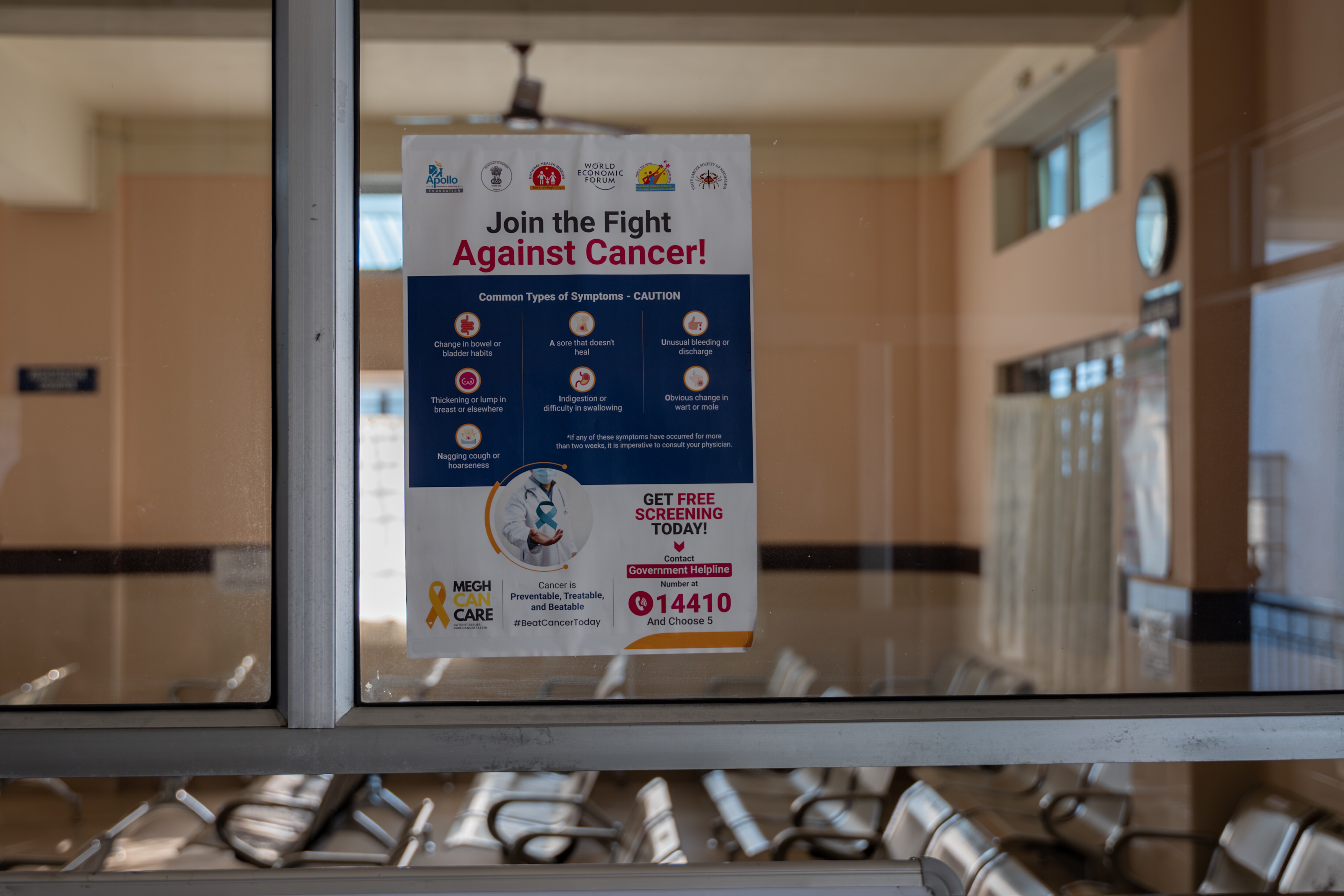 A poster promoting free cancer screening and teleconsultation services under Meghalaya’s Megh CAN Care programme, displayed at the Civil Hospital in Shillong.