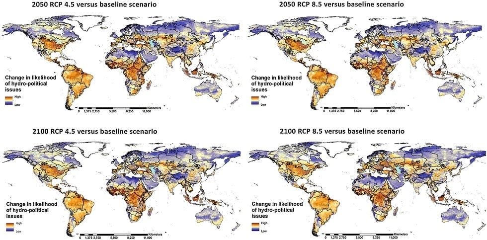  Change in the likelihood of hydro-political issues considering the four future climate change and population scenarios        