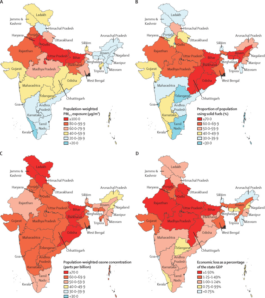 Maps of India, colour-coded to show health and economic impacts of air pollution.