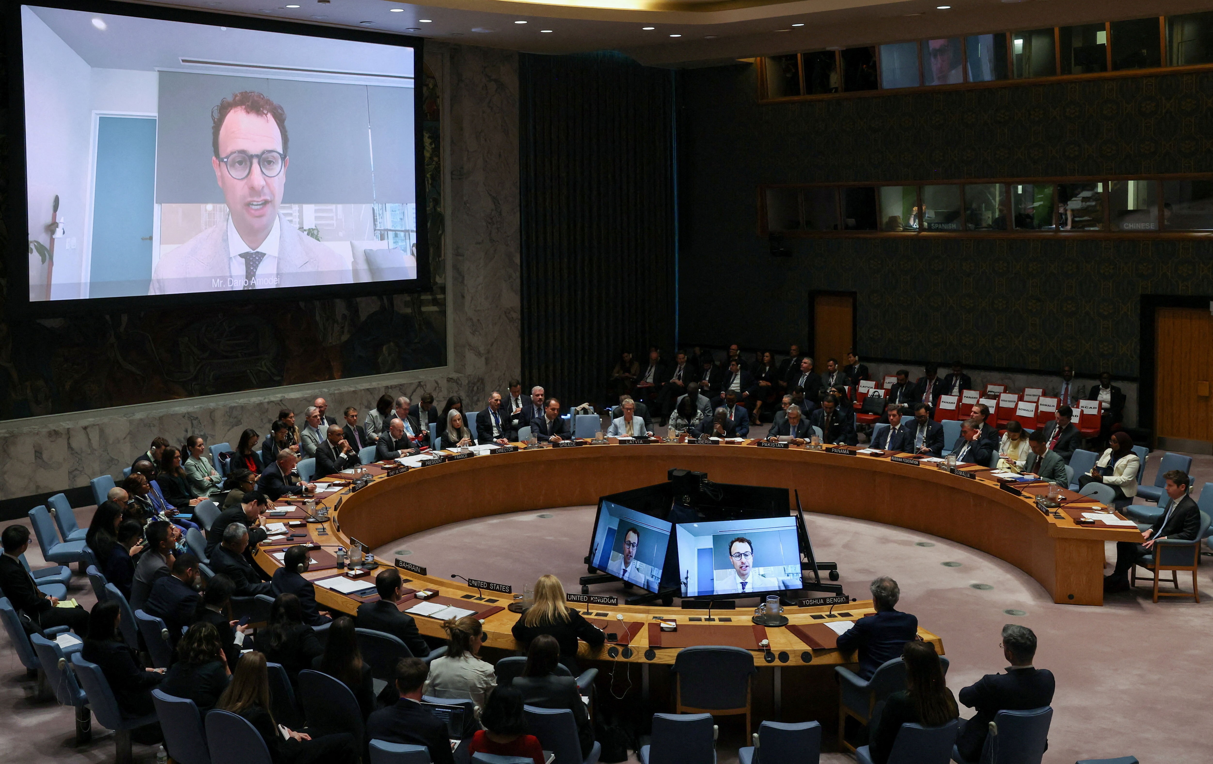 Dario Amodei co-founder of Anthropic addresses the UN Security Council via videolink during a session on AI.