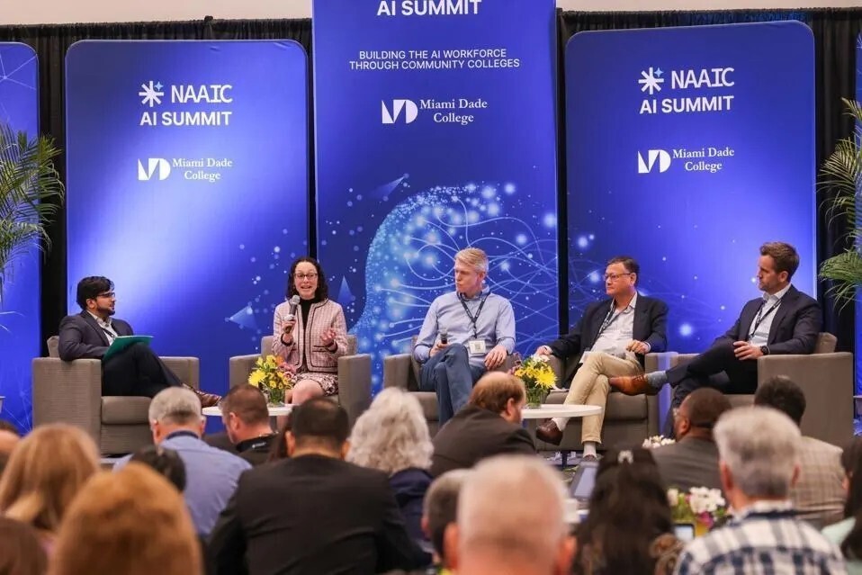 Leaders from Google, Intel, Microsoft and OpenAI speak about community college capacity-building at the 2026 National Applied AI Consortium meeting at Miami Dade College.