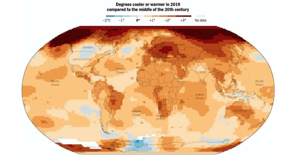 Peu d’endroits de notre Planète ont connu, en 2019, des températures moyennes inférieures – ou égales – à celles du milieu du XXe siècle.