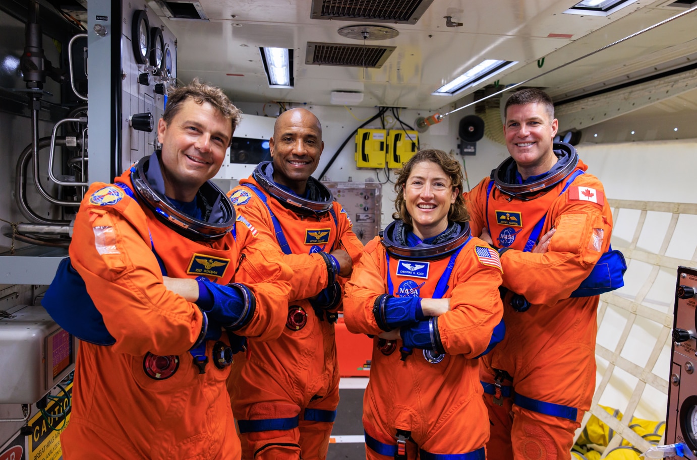 Artemis II NASA astronauts (left to right) Reid Wiseman, Victor Glover, and Christina Koch, and CSA (Canadian Space Agency) astronaut Jeremy Hansen stand in the white room on the crew access arm of the mobile launcher at Launch Pad 39B as part of an integrated ground systems test at Kennedy Space Center in Florida on Wednesday, Sept. 20, 2023. 