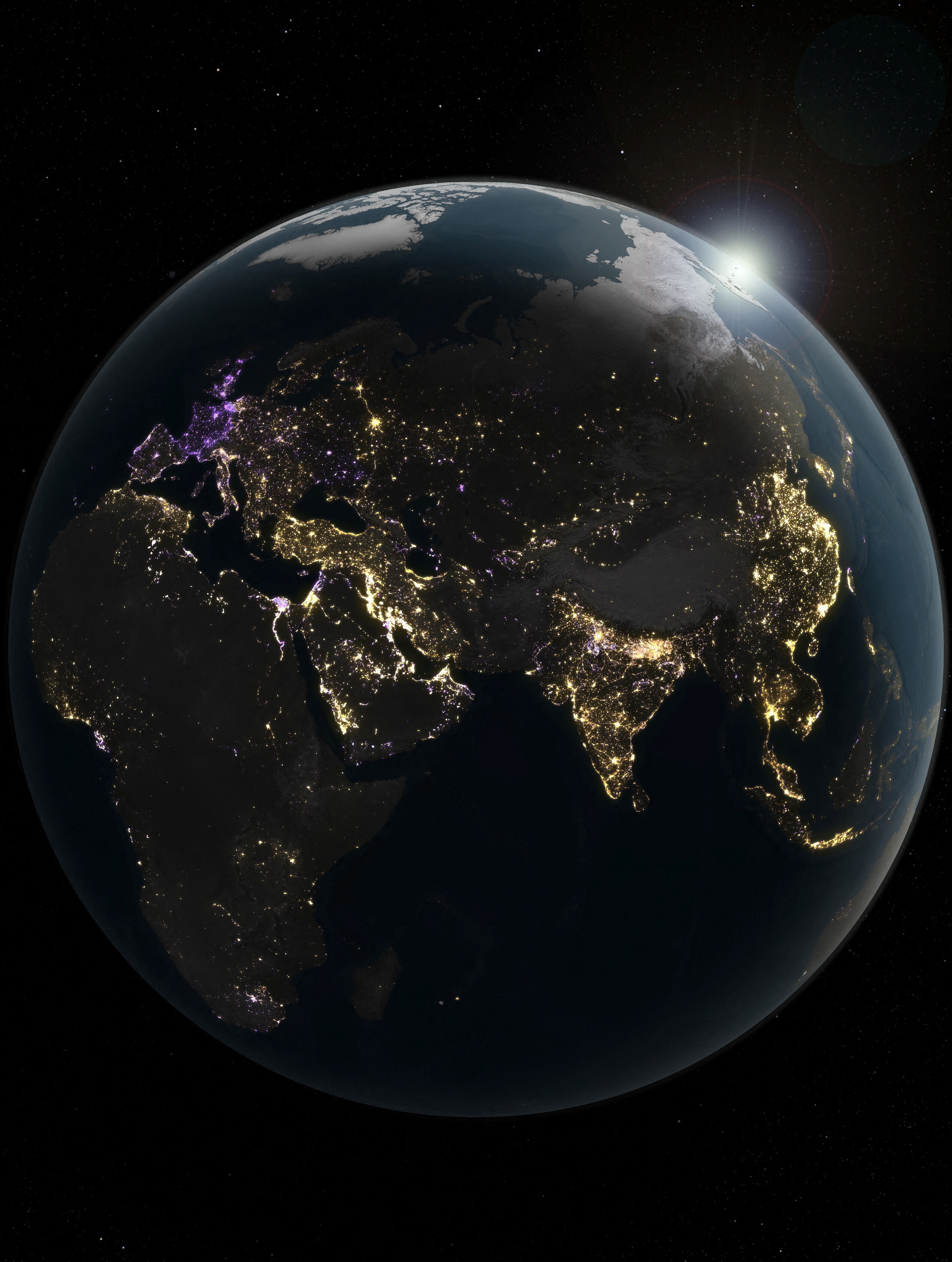 A nighttime view of Earth, derived from satellite images taken daily over the past decade, capturing human activity on the planet through the emissions of artificial light, is seen in this image released on April 8, 2026. The image maps the dynamics of human nighttime activity, with golden areas experiencing brightening, purple areas featuring dimming and white areas experiencing a combination.    Michala Garrison/NASA Earth Observatory/Handout via REUTERS    THIS IMAGE HAS BEEN SUPPLIED BY A THIRD PARTY