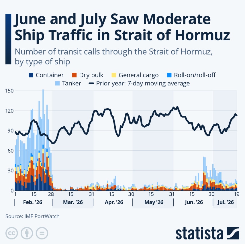 Number of transit calls through the Strait of Hormuz by ship type, Feb-July2026