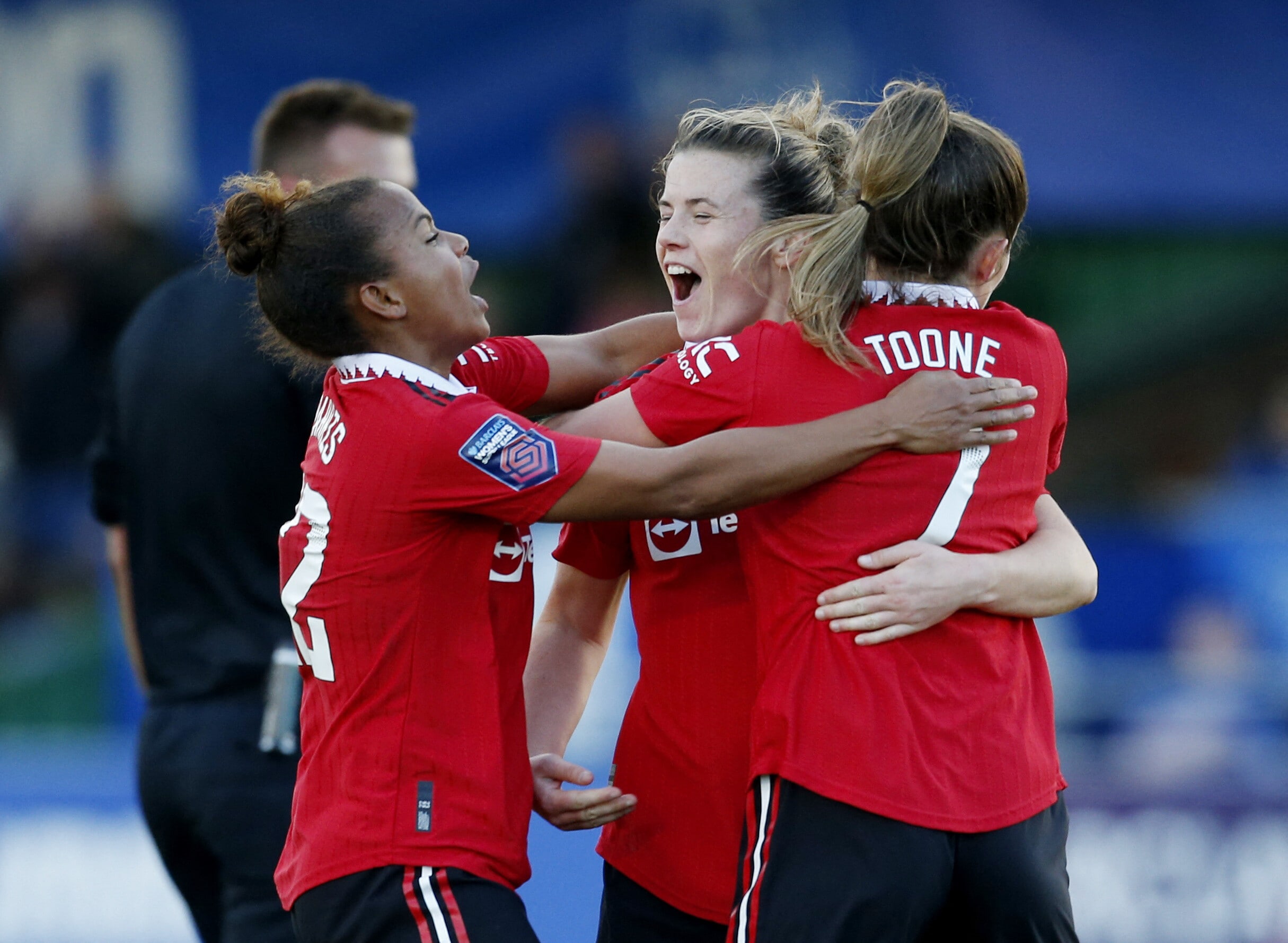Women's Super League - Everton v Manchester United: Manchester United's Hayley Ladd celebrates scoring their third goal with Nikita Parris and Ella Toone