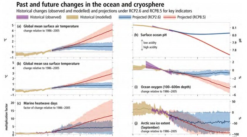 Graphiques issues dudernier rapportdu Giec sur l'océan et la cryosphère, anticipant l'évolution de différents éléments entre 1950 et 2100.