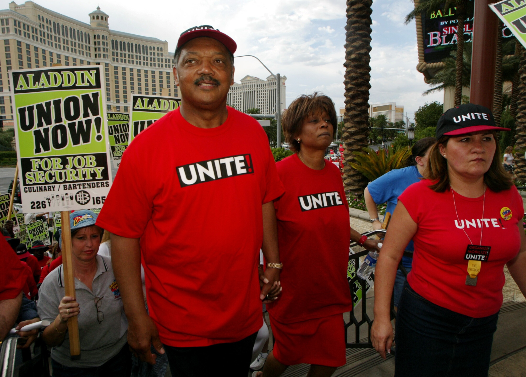 Civil rights activist Rev. Jesse Jackson marches with over a thousandunion members during a protest rally in front of the Aladdin Resort &Casino in Las Vegas, Nevada, July 23, 2003. Jackson and delegates fromthe Union of Needletrades, Industrial and Textile Employees (UNITE)joined in a solidarity demonstration with local Culinary Workers Unionmembers to protest the lack of union representation for culinaryworkers at the Aladdin. The resort, which is operating under Chapter 11bankruptcy protection, will soon be sold and reopened as the PlanetHollywood Resort & Casino. UNITE, which represents 250,000 workers inthe United States and Canada, is holding a convention in Las Vegas.REUTERS/Las Vegas Sun/Steve MarcusSM/HB