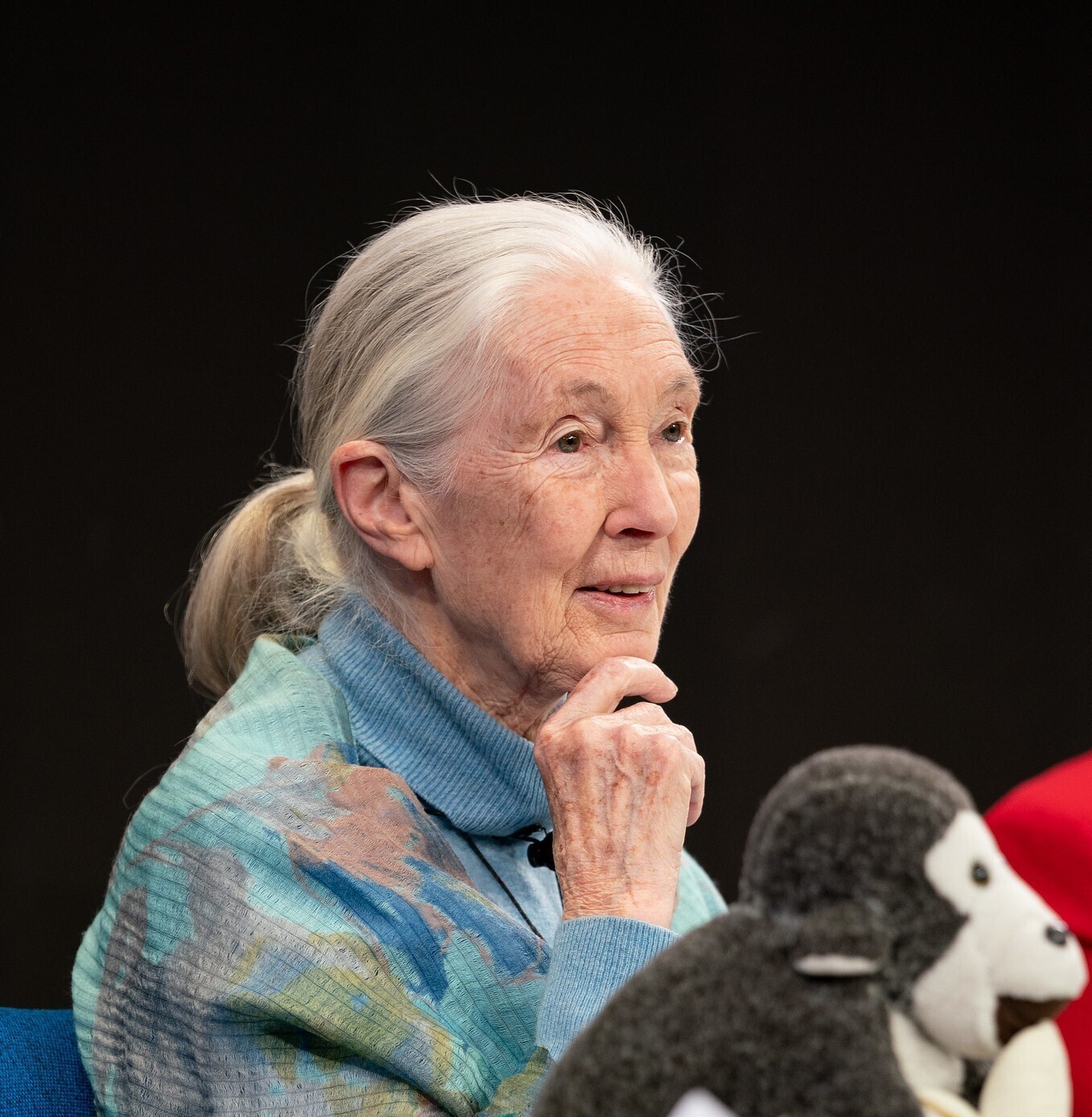  Jane and her plush stuffed monkey companion, Mr. H.