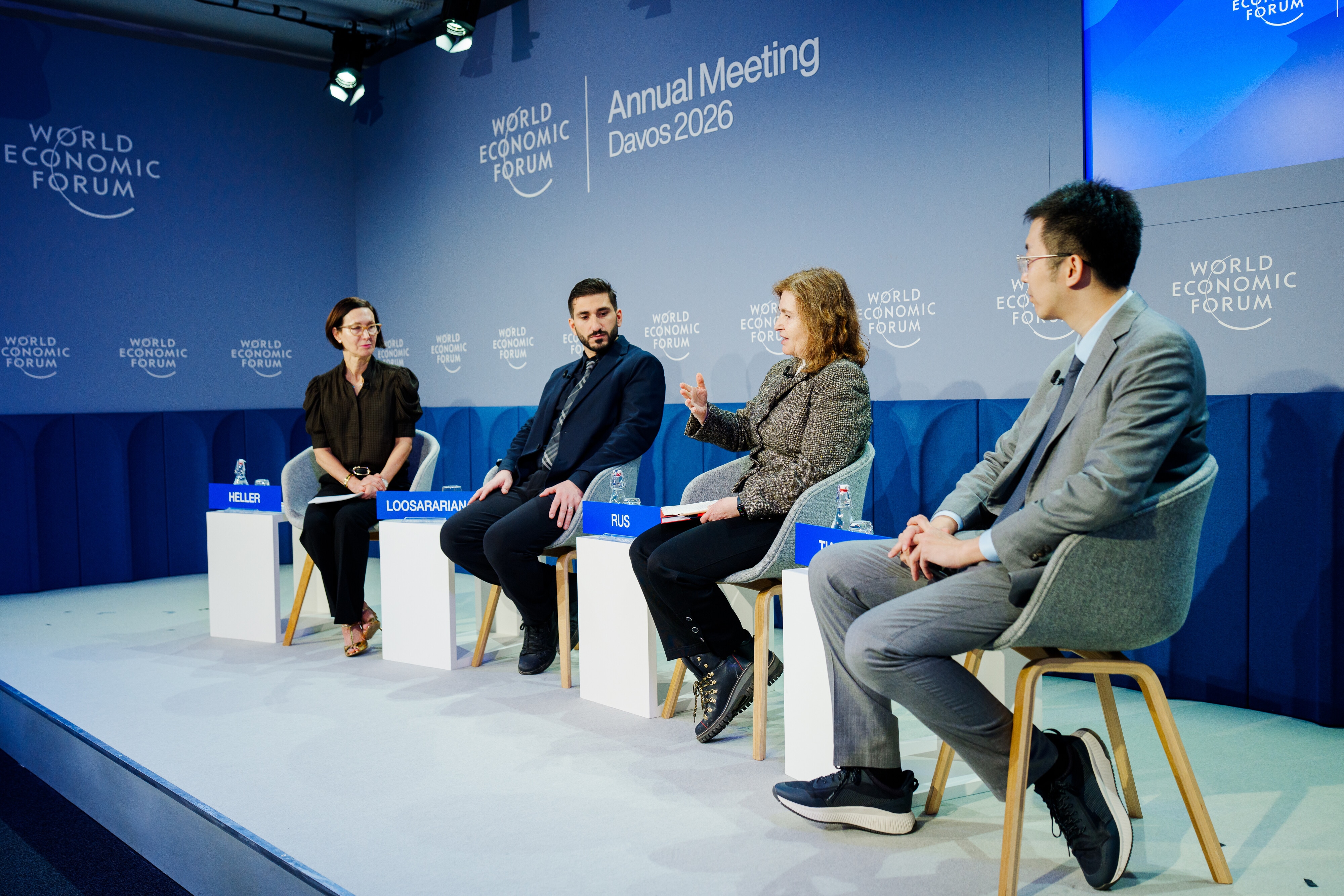 Living Autonomously session with Daniela Rus, Director, Computer Science and Artificial Intelligence Laboratory, Massachusetts Institute of Technology (MIT), USA; Jake Loosararian, Co-Founder and Chief Executive Officer, Gecko Robotics, USA; Jamie Heller, Editor-in-Chief, Business Insider, USA; Shao Tianlan, Founder and Chief Executive Officer, Mech-Mind, People's Republic of China; at the World Economic Forum Annual Meeting 2026 in Davos-Klosters, Switzerland.