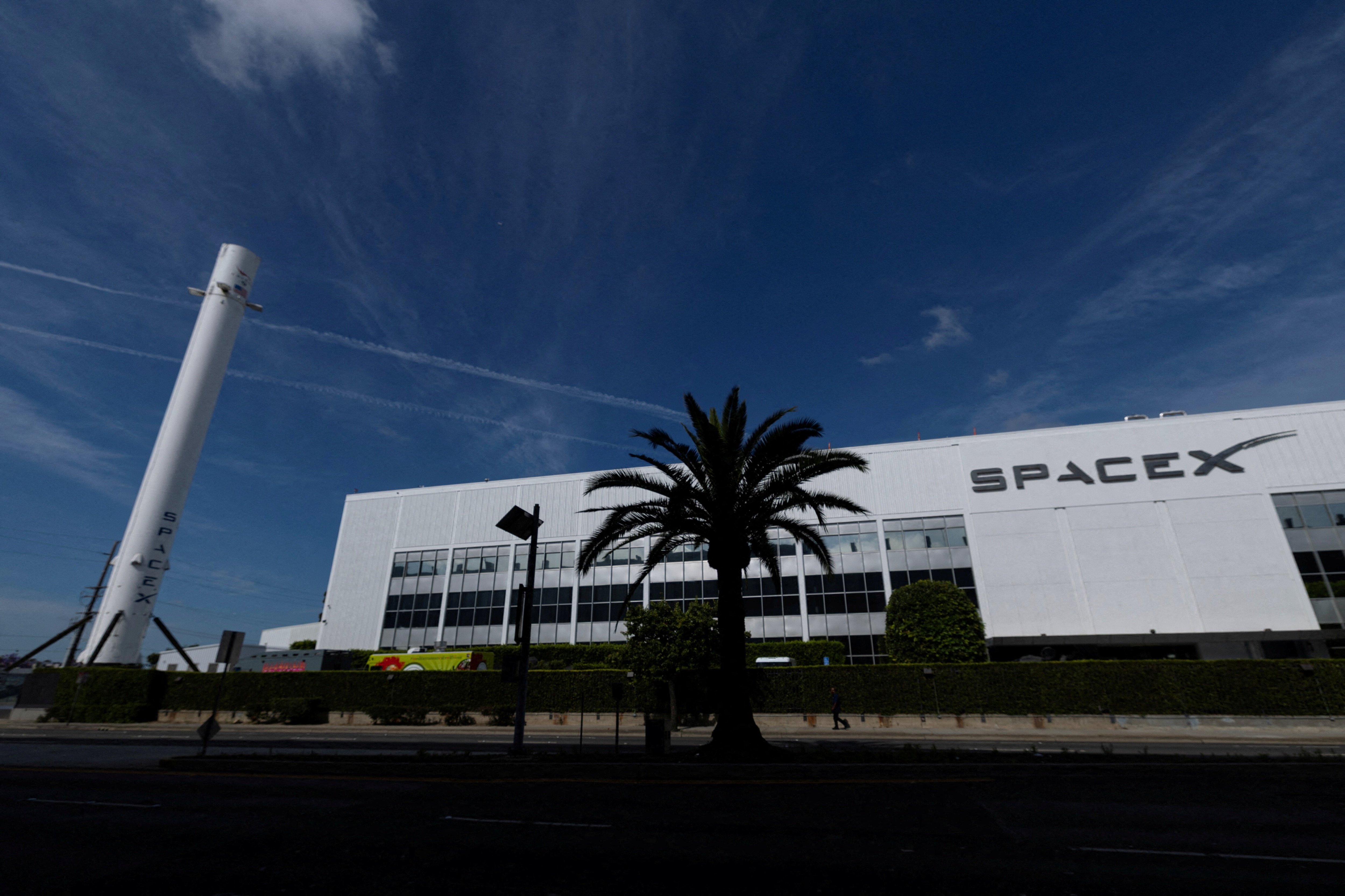 The SpaceX facility and a Falcon 9 rocket booster are shown, as the company prepares to file for an initial public offering (IPO), in Hawthorne California, U.S., April 23, 2026