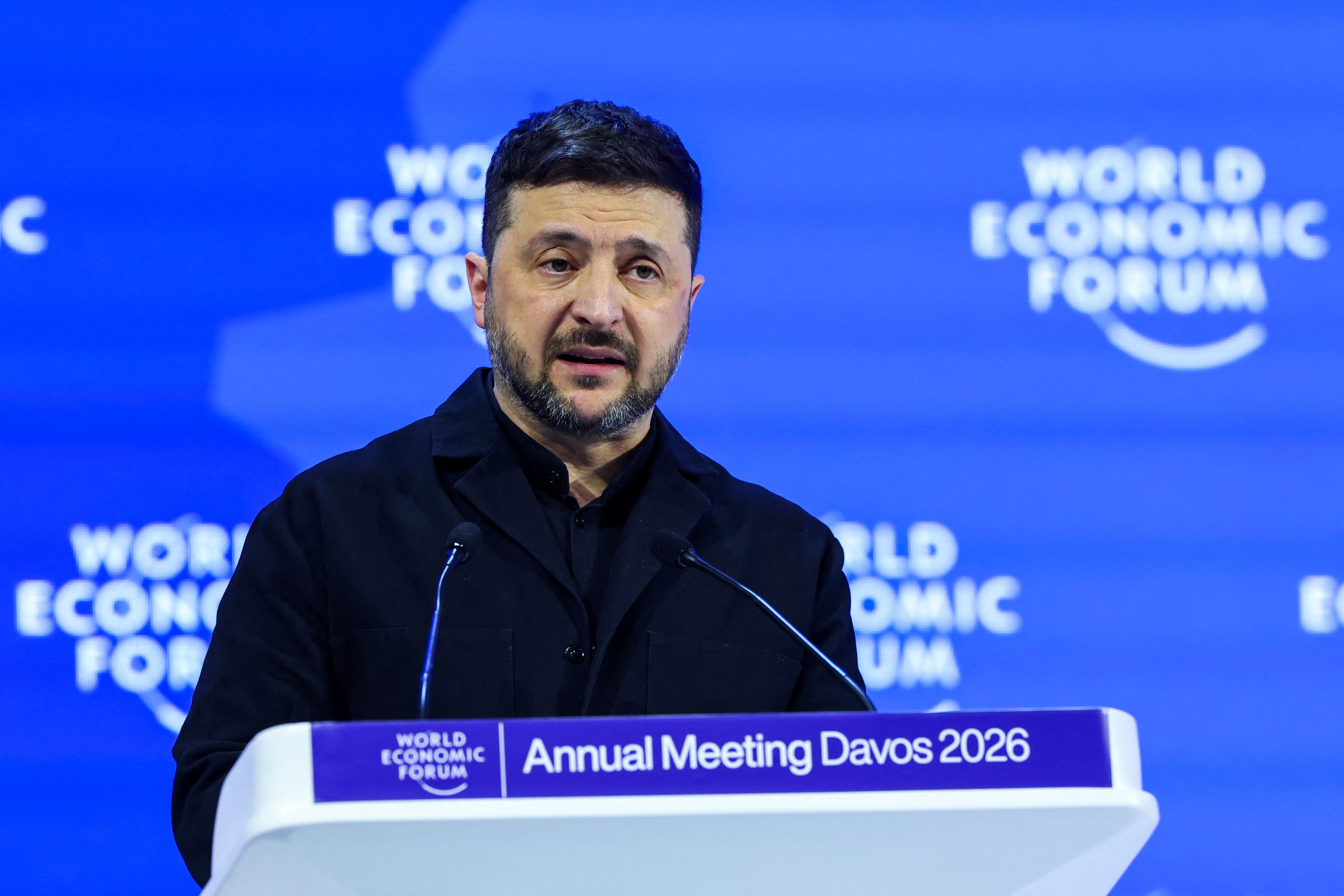 Ukrainian President Volodymyr Zelenskiy speaks at the 56th annual World Economic Forum (WEF) meeting in Davos, Switzerland, January 22, 2026. REUTERS/Denis Balibouse