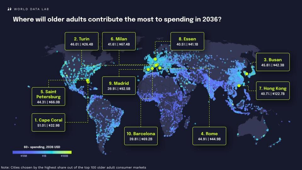 Map showing where older adults will contribute the most to spending in 2036.