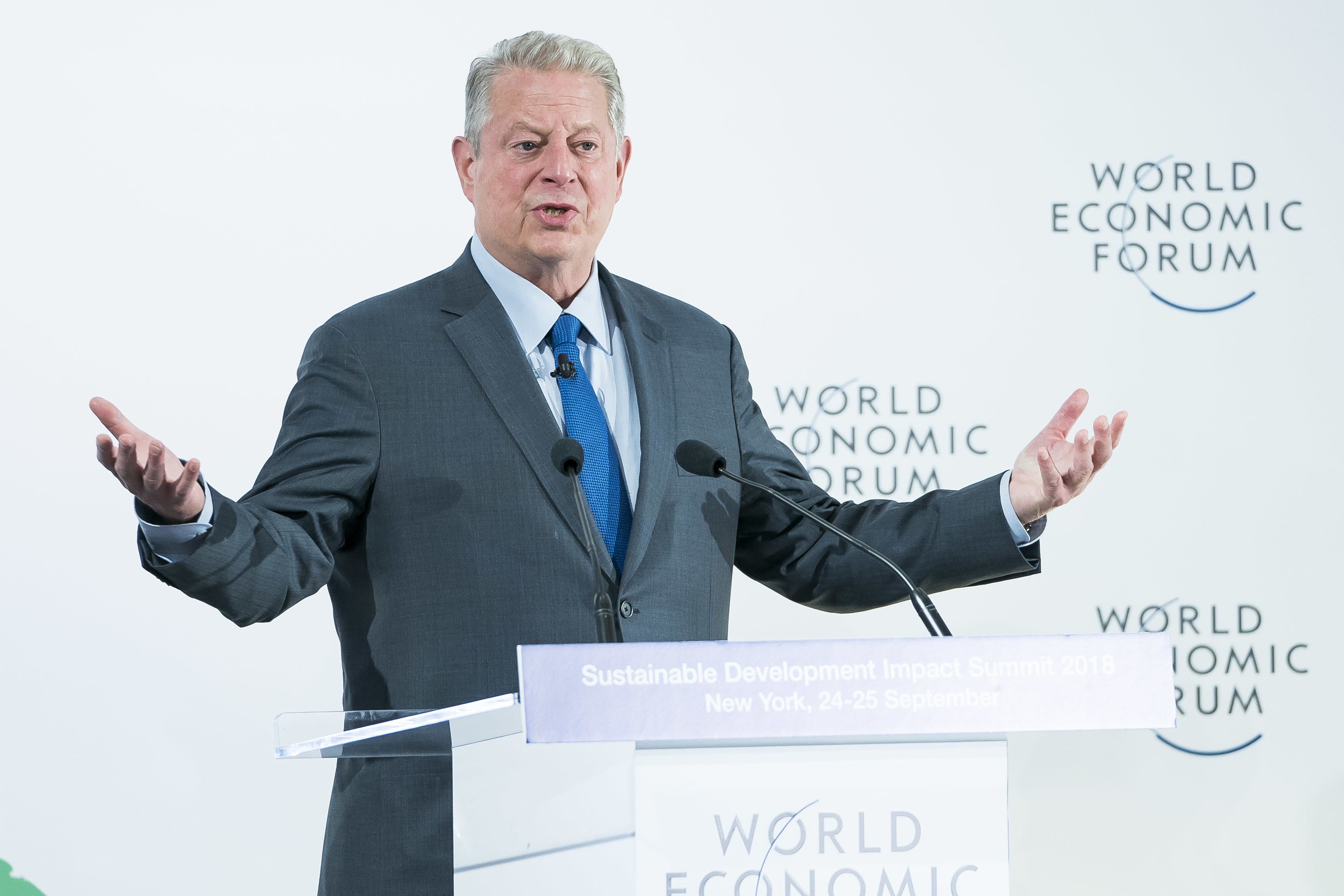 Al Gore speaks at Environmental Stewardship in the Sprint to 2020 at The World Economic Forum holds the Sustainable Development Impact Summit 2018 in New York, NY USA. Copyright by World Economic Forum / Ben Hider    