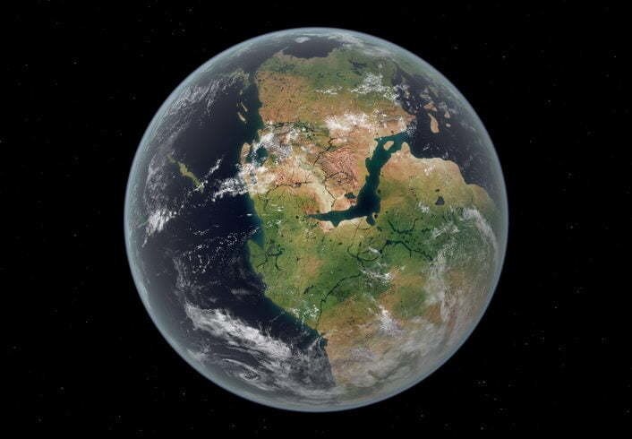 Voilà ce à quoi l’hémisphère occidental de la Terre a pu ressembler il y a 200 millions d’années, au début du Jurassique |