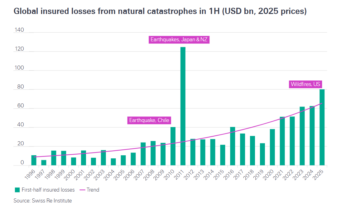 Global insured losses from natural catastrophes in the first half of 2025 in $bn.