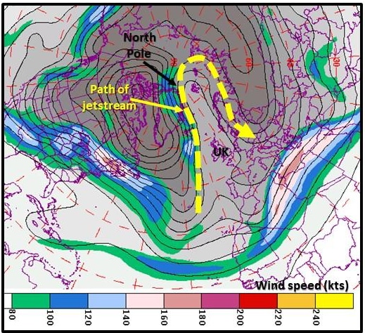  Jet stream on 25 Feb 2018. Yellow arrow shows winds flowing from southern North Atlantic to the North Pole then down into central Europe.                        