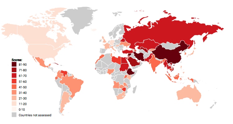 Countries mapped according to internet freedom    