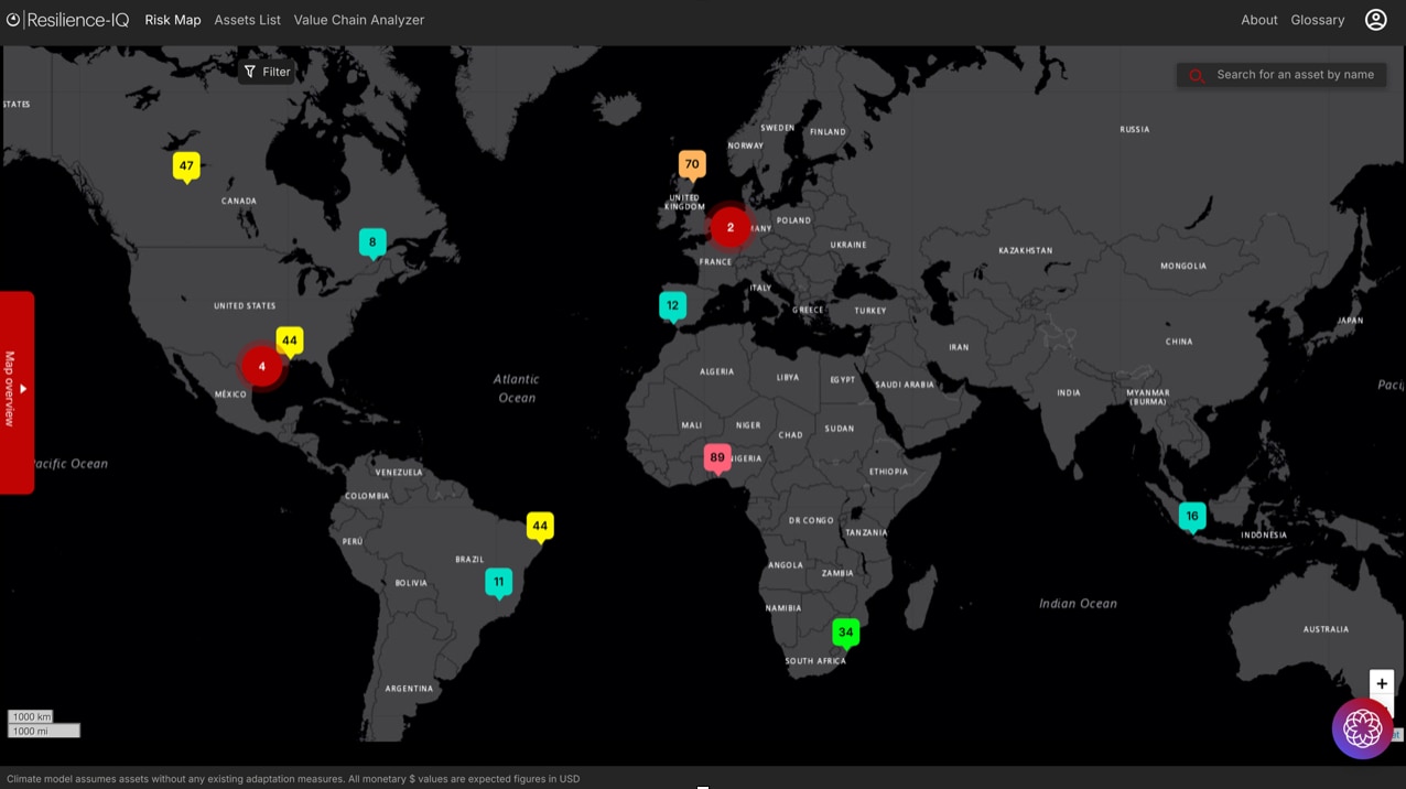 The RIS Map View outlines all assets monitored in the platform, with comparable risk scores across the portfolio (illustrative data)