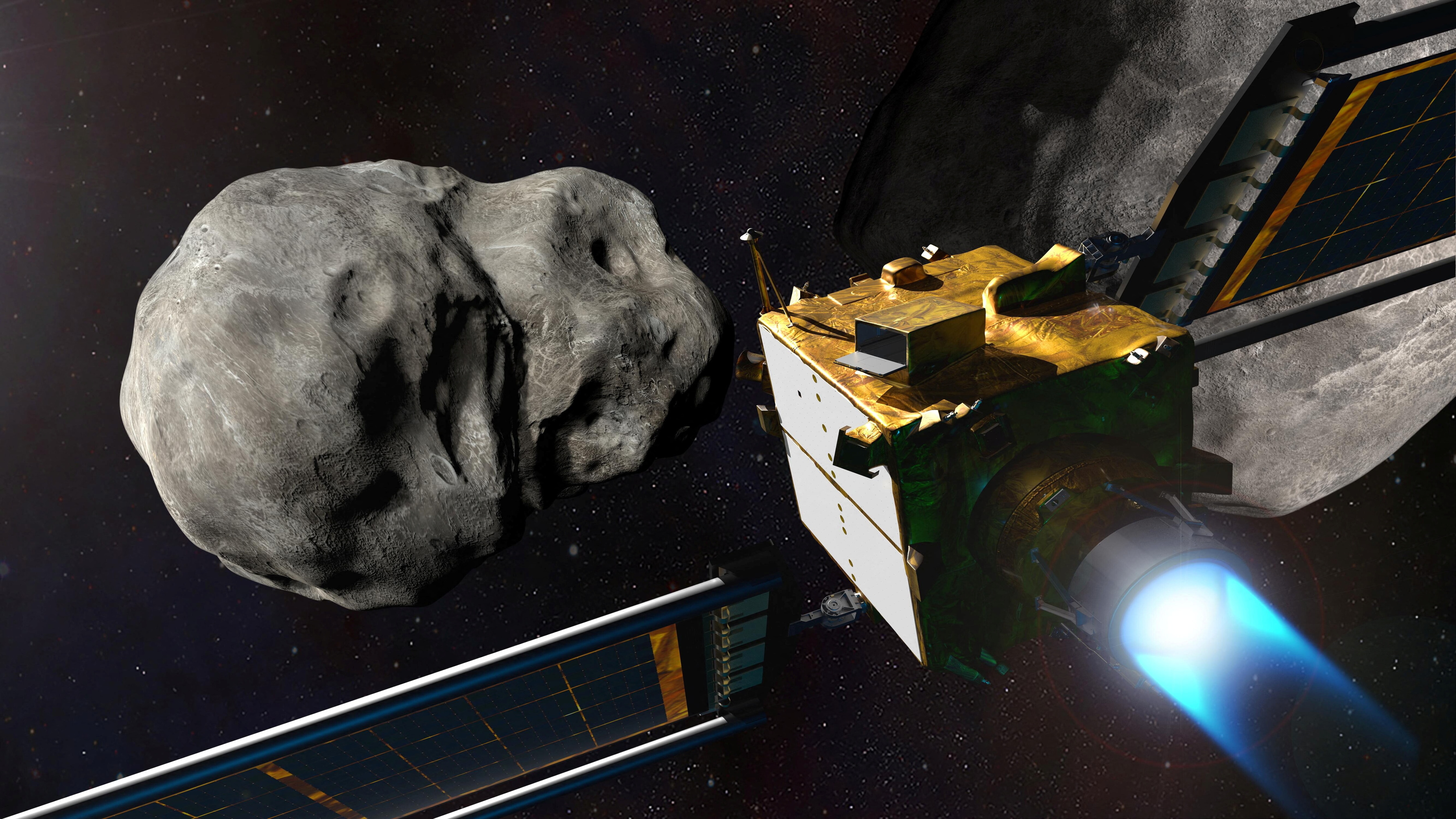 NASA's Double Asteroid Redirection Test (DART) spacecraft prior to impact at the Didymos binary asteroid system showed in this undated illustration handout