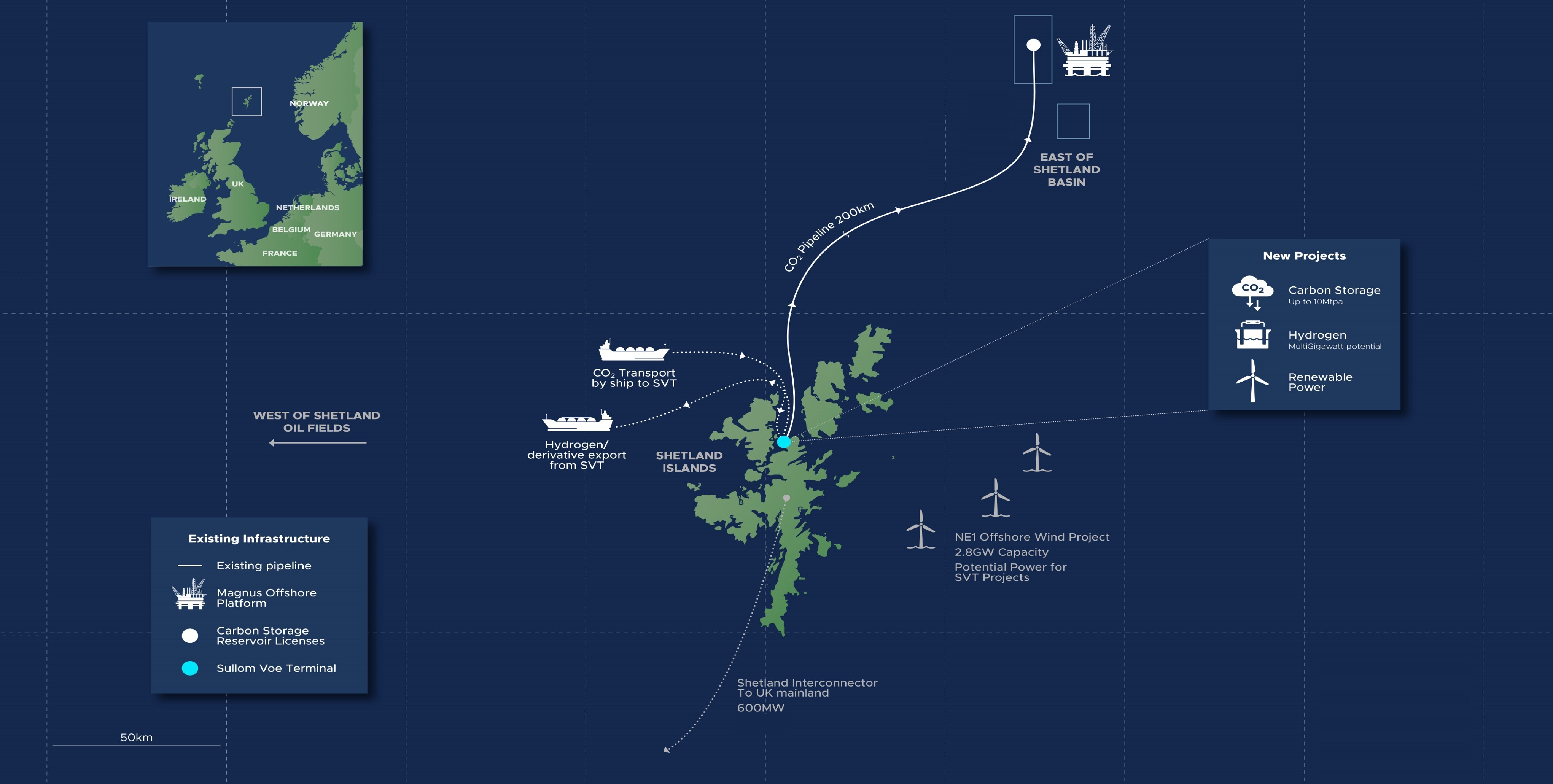 Map of energy infrastructure around the Shetlands